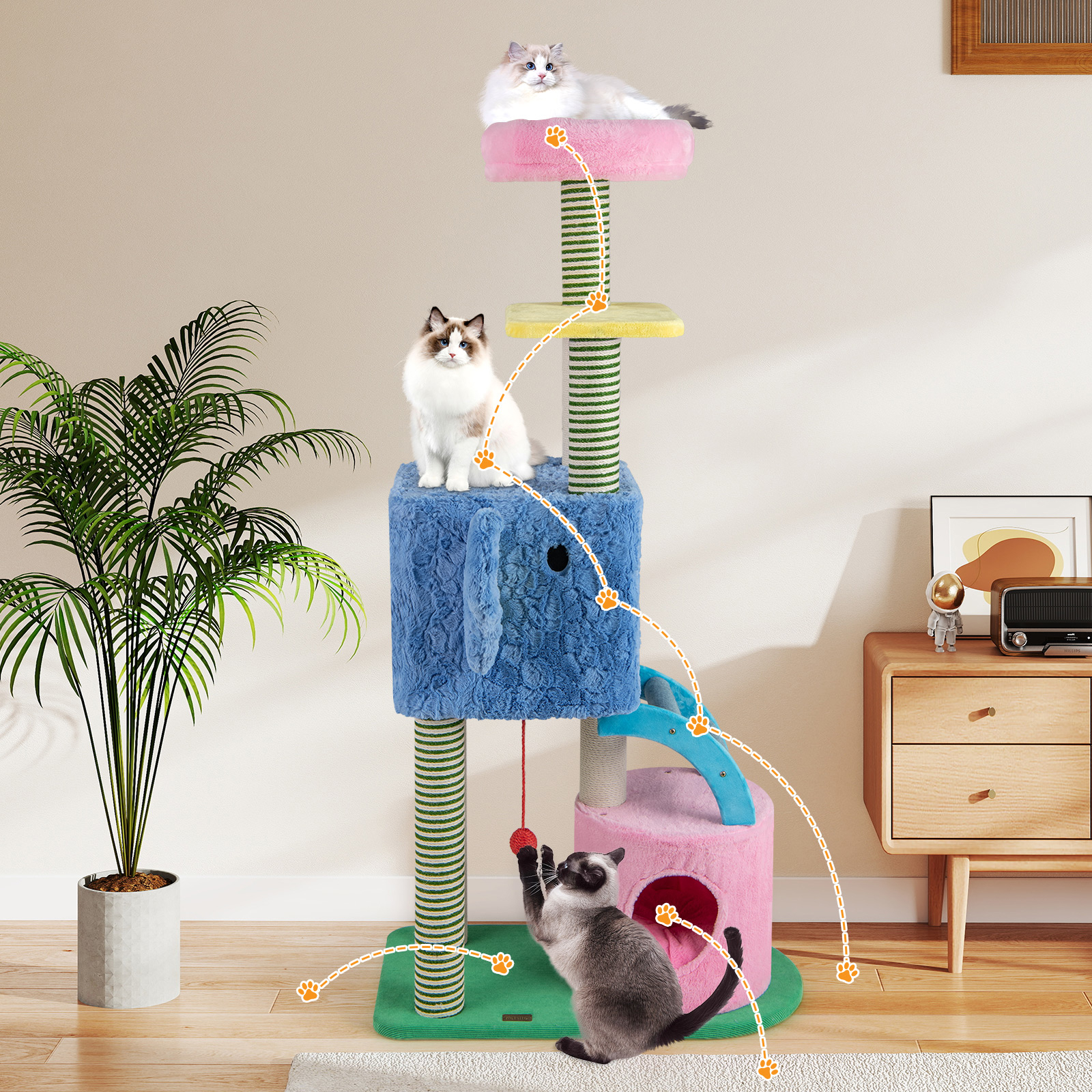 Elephant Themed Cat Tree, Multi-level Cat Tower With Padded Bed, Sisal Poles, 2 Condos, Staircase, Suspended Ball