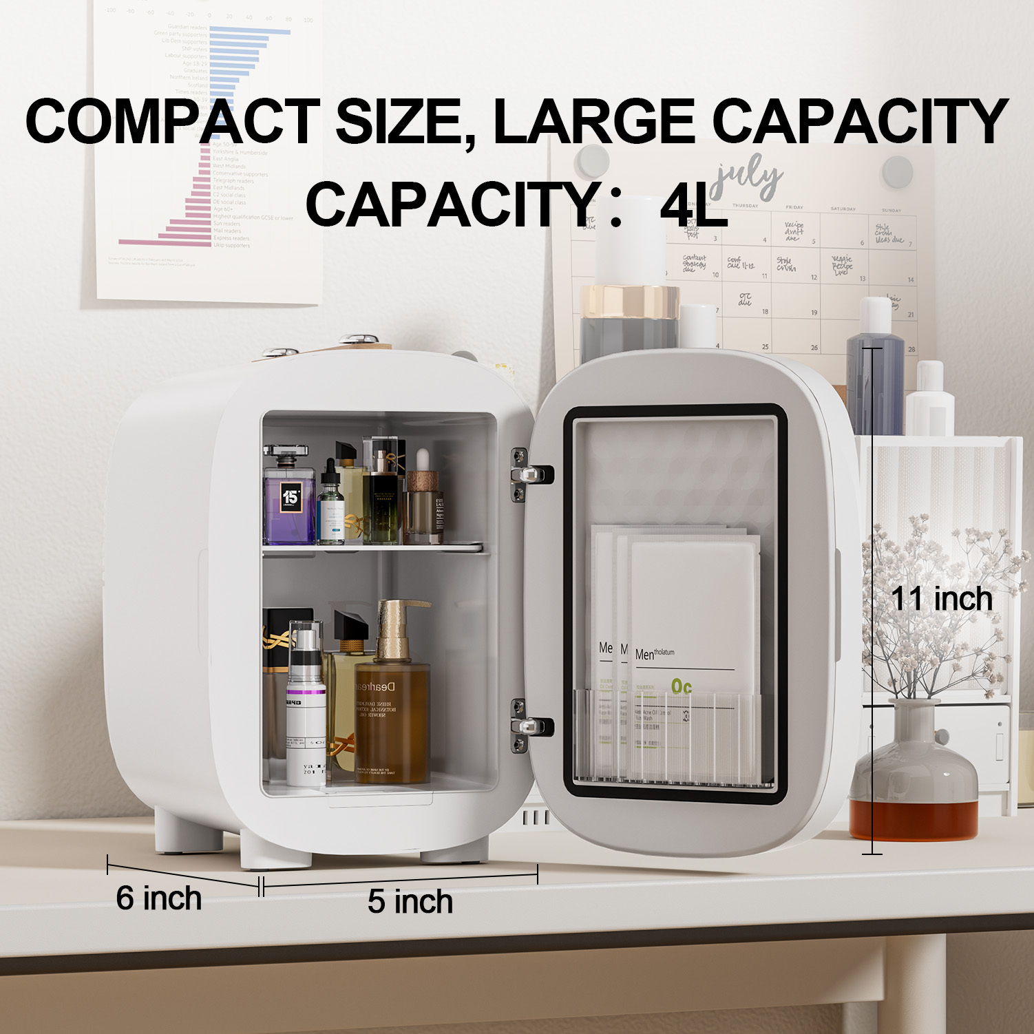 Ligiant 4l Mini Skincare Fridge With 3-level Led Mirror - Cosmetics Cool Or Warm, , Compact & Portable For Bedroom Vanity, Office Desk Or Car Use