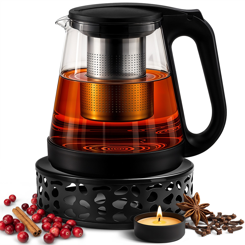 Image of Kuketo – 2l Glass Teapot With Infuser + Tea Light Candle Warmer, Tea And Coffee Set With Infuser, Black Glass Teapot With Tea , Serving Set With Warming Stand, Perfect For Winter Beverages