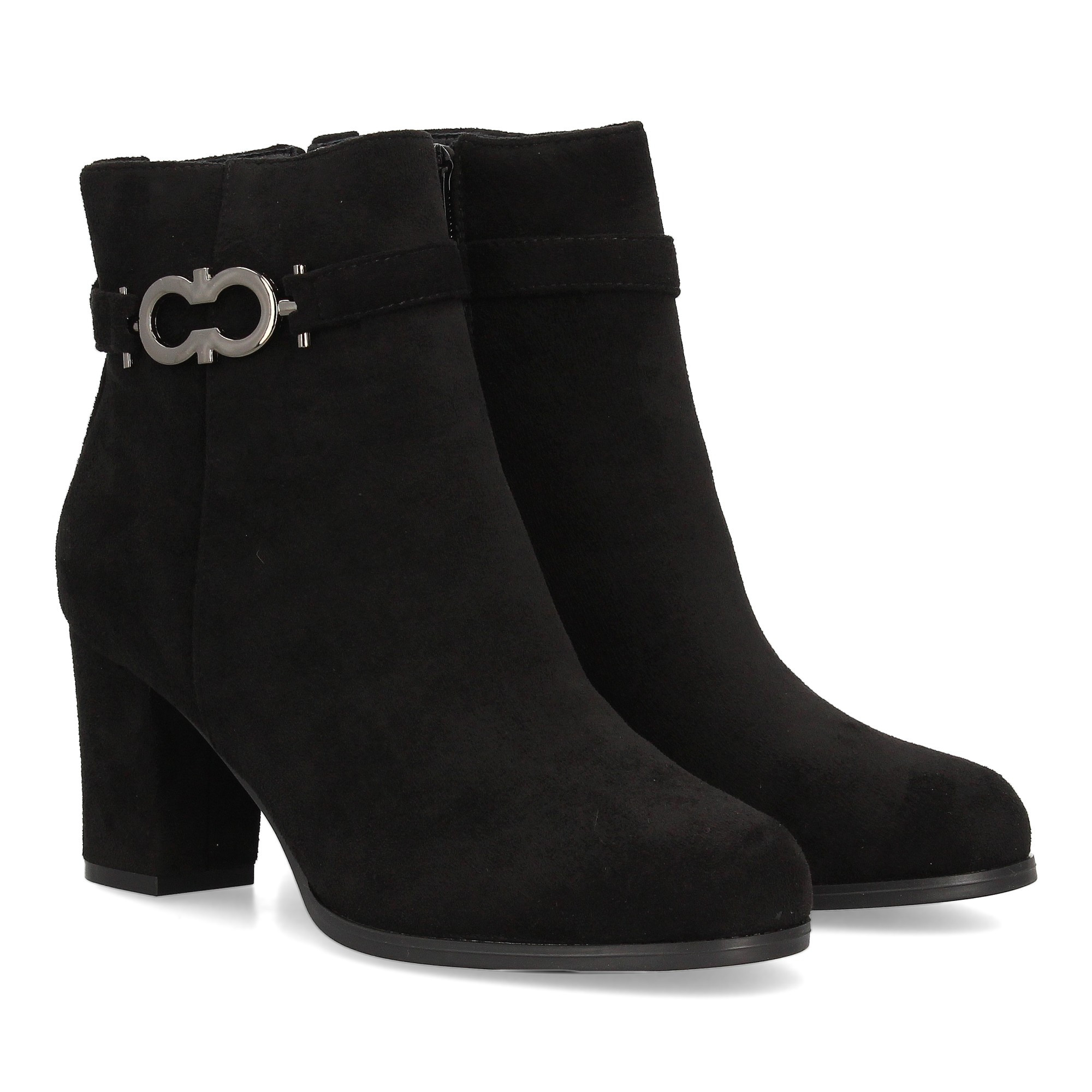 Elegant Low-heel Bootie With Suede Finish For Women. Decorative Metallic Detail On The Side. Comfortable Heel And Zipper Closure. Perfect For Fall/winter Season