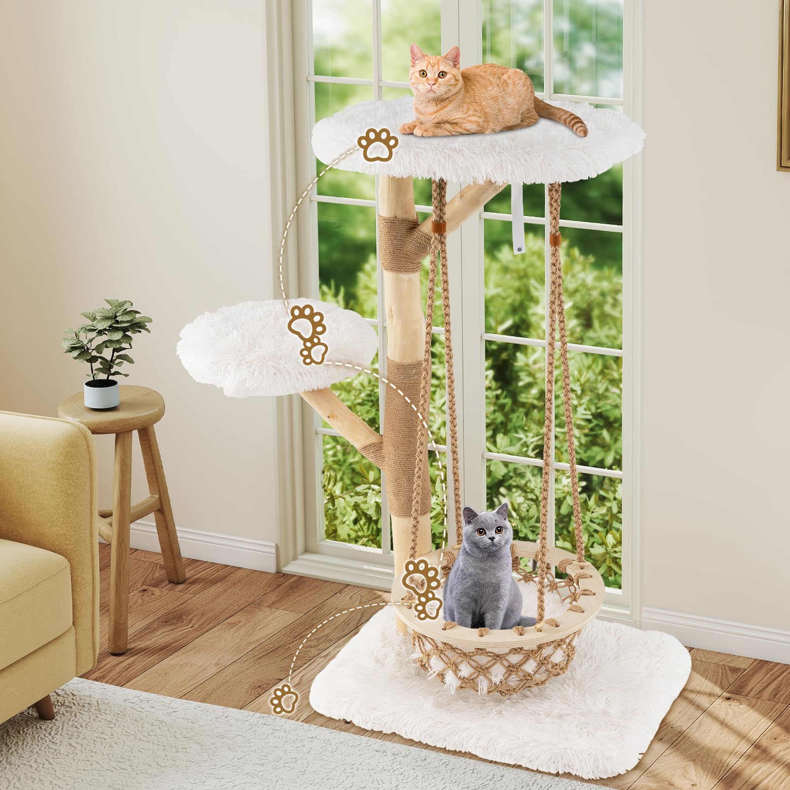 Cat Tree With Swing Hammock, Wooden Cat Tower With Perch And Plush Platform, Jute Scratching Poles