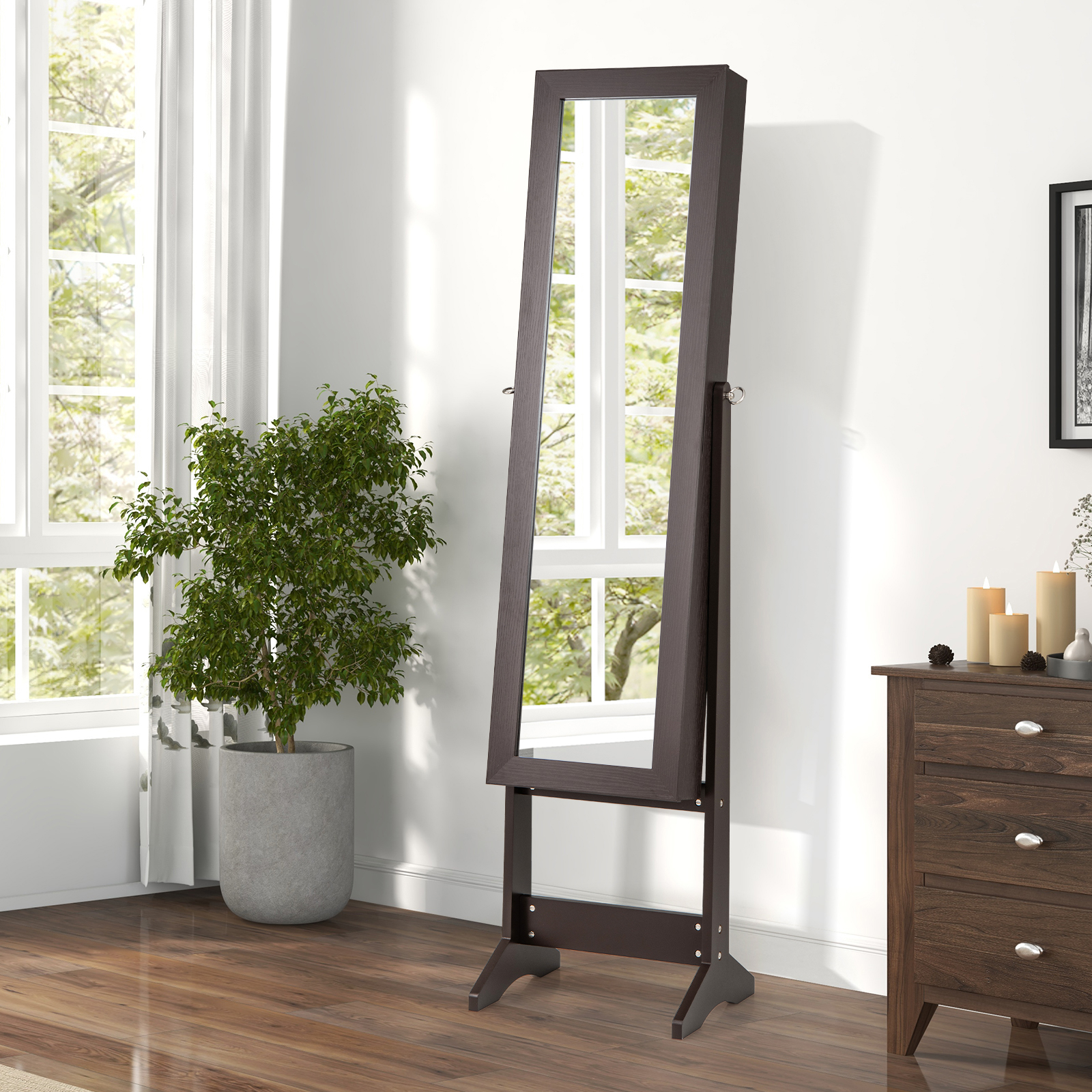 Image of Jewelry Cabinet Armoire With Full-length Mirror, Freestanding Jewelry Organizer With 3 Adjustable Tilt