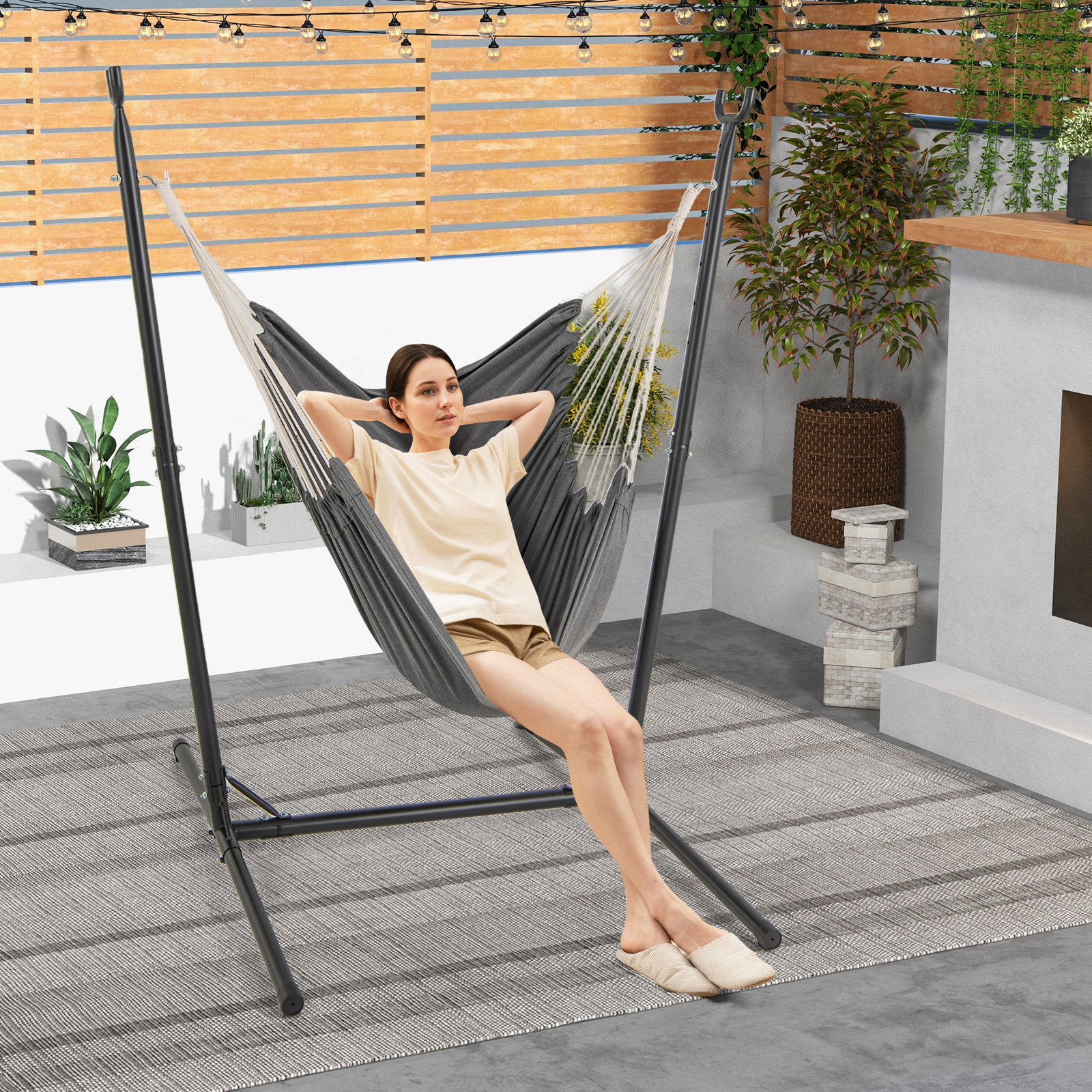 Adjustable Hammock Chair With Stand, Sturdy Swing Chair With 6 Adjustable , Storage Pocket, Metal Frame, Heavy-duty Hammock