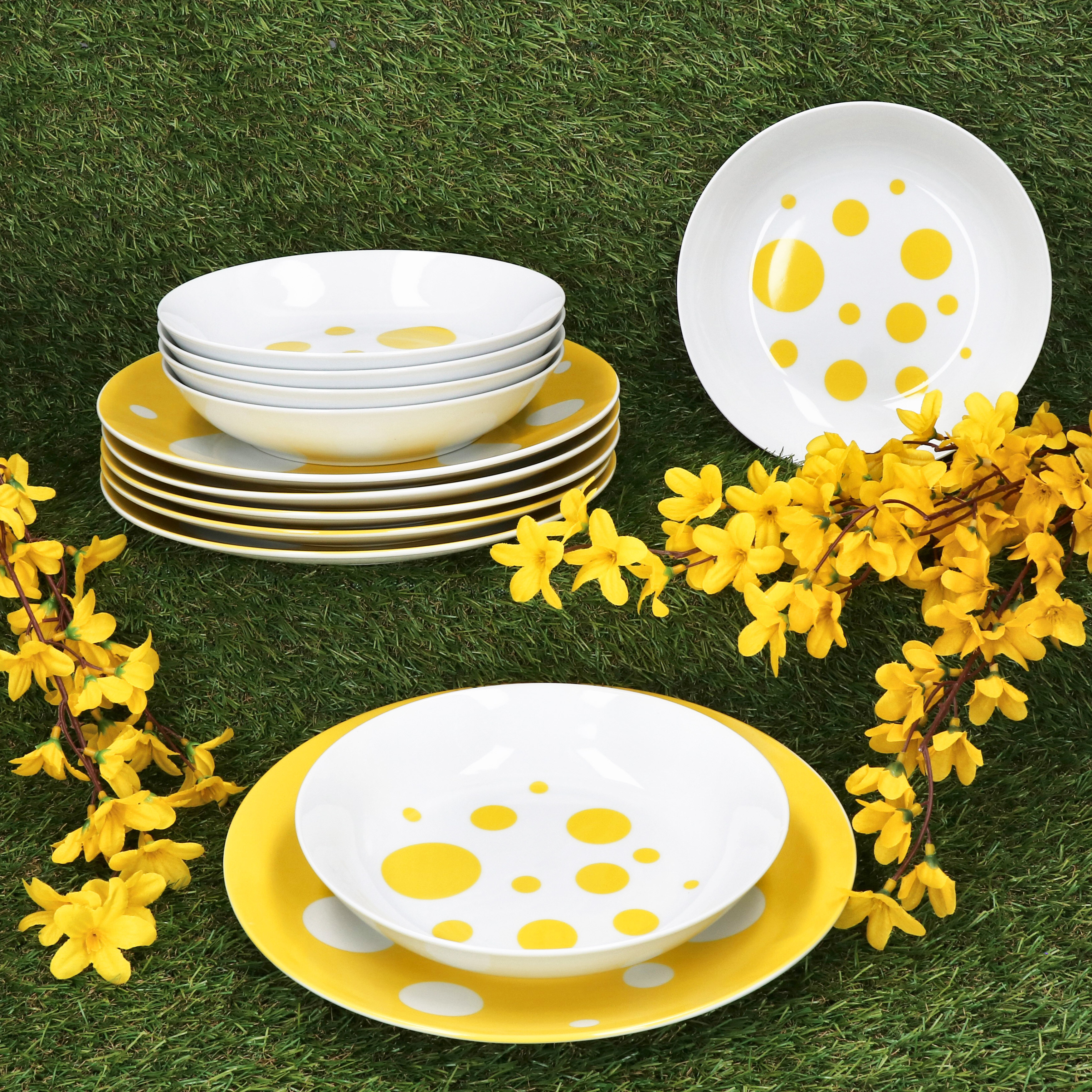 Image of Red And Yellow Polka Dot 12-piece Porcelain Dinner Set For 6, Dinner Plates And Soup Plates, Polka