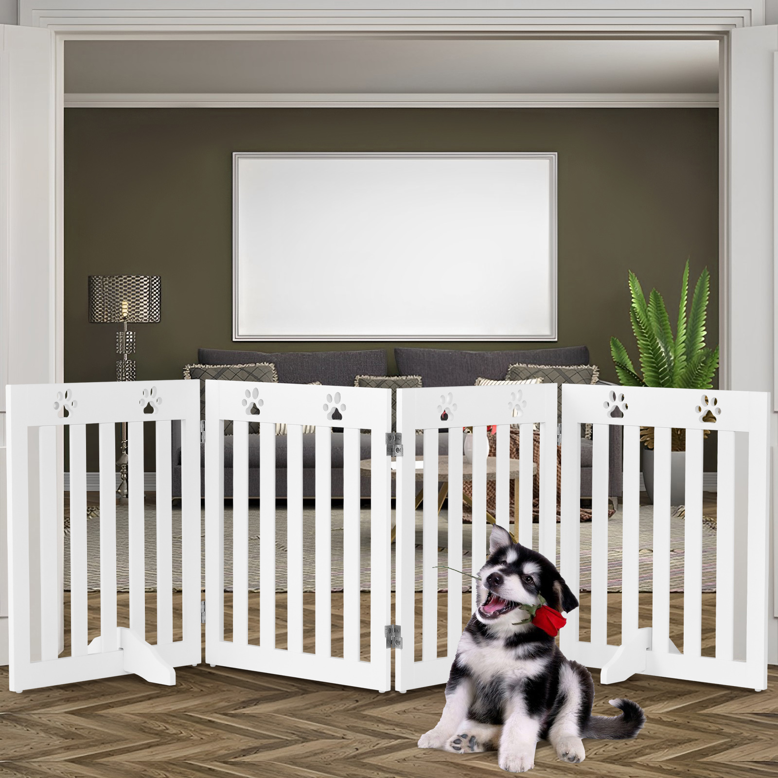 Folding Protective Dog Gate, 360° Hinged Swivel Safety Gate For Pets, 203 X 60 Cm, White