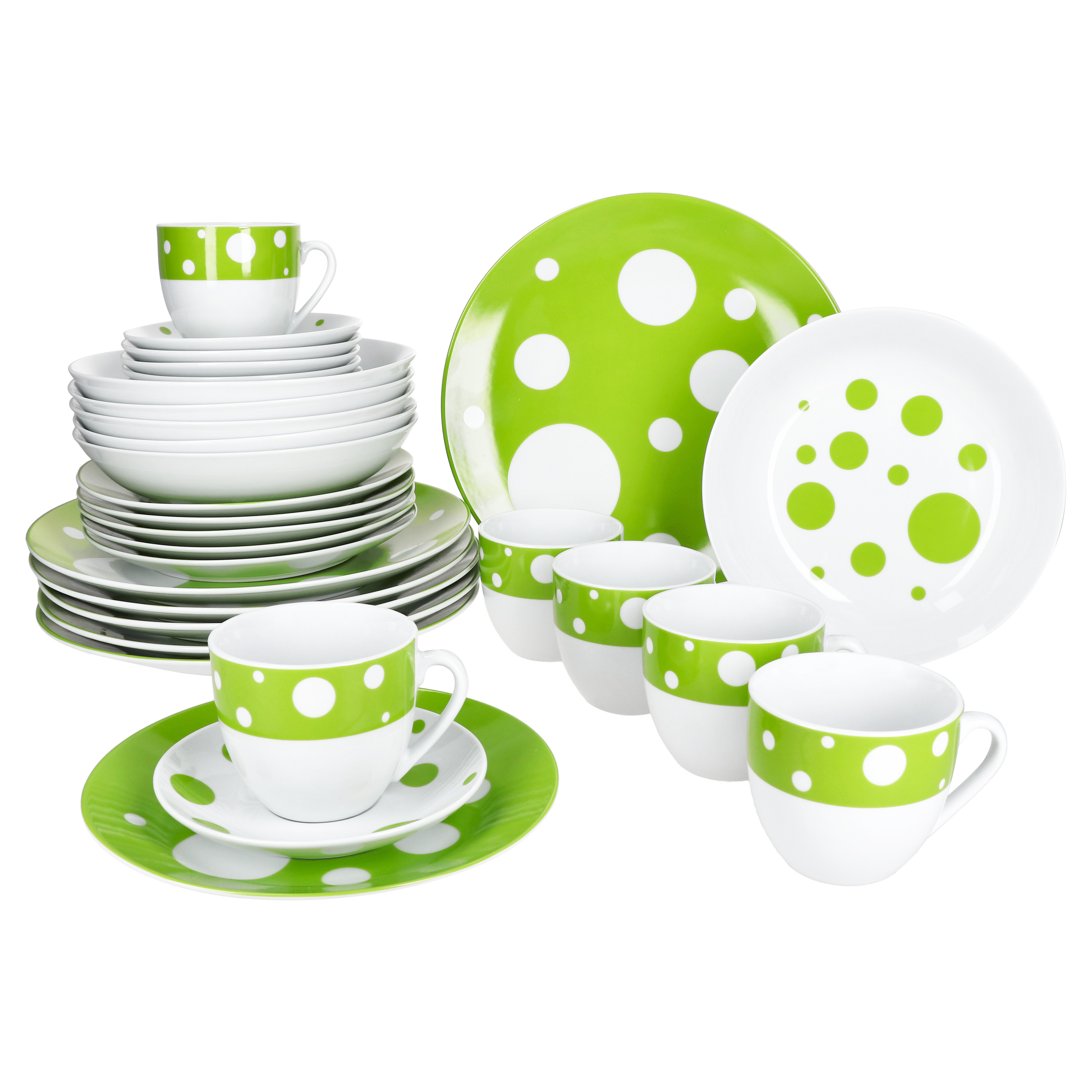 Image of Pula Green 30-piece Dinnerware Set, Polka Dot Dishes, Cups, And Plates