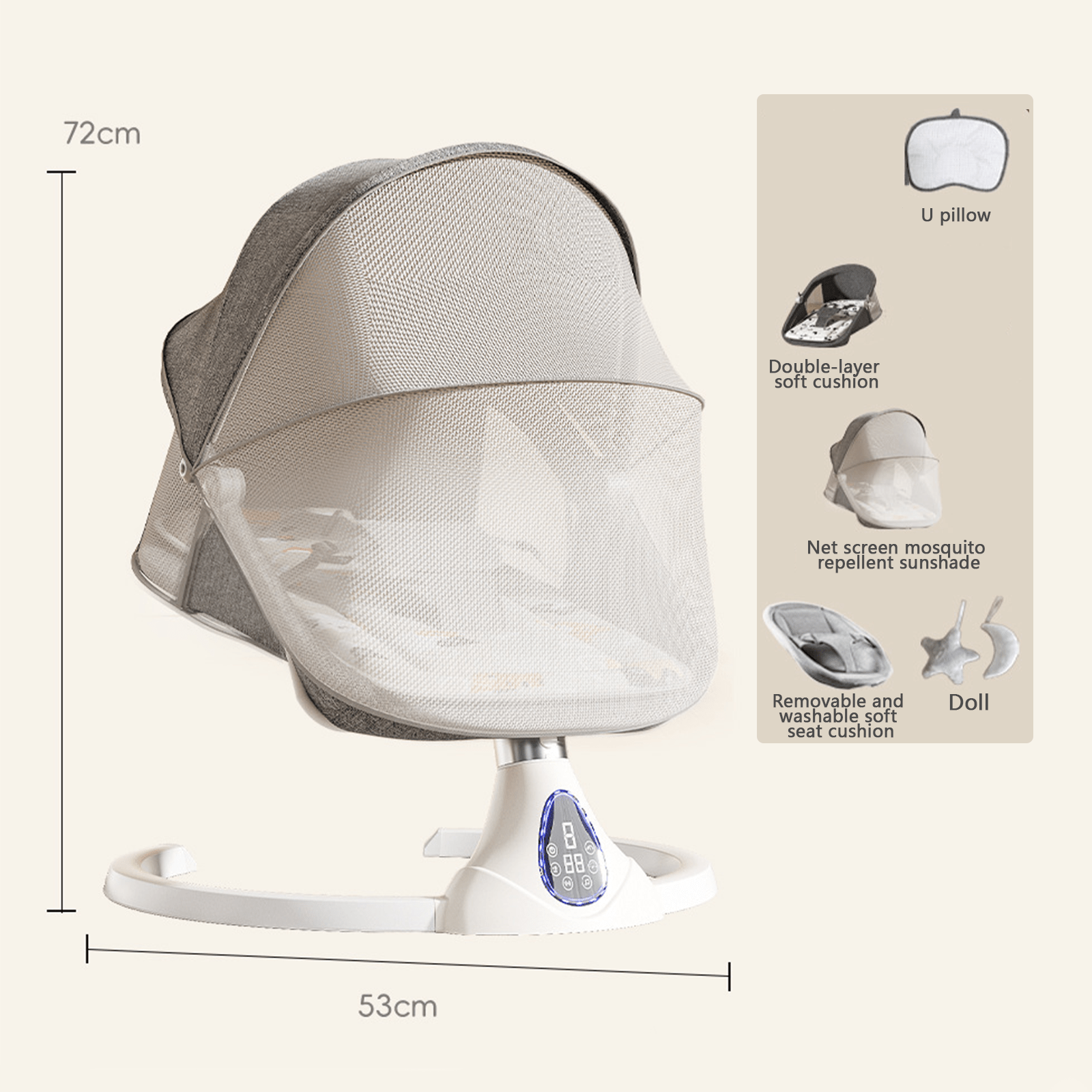 Smart baby swing, widened cabin baby swing chair, touch screen, 5-point safety belt, multi-position adjustment, anti-mosquito cover, load capacity 15kg, suitable for 0-24 months