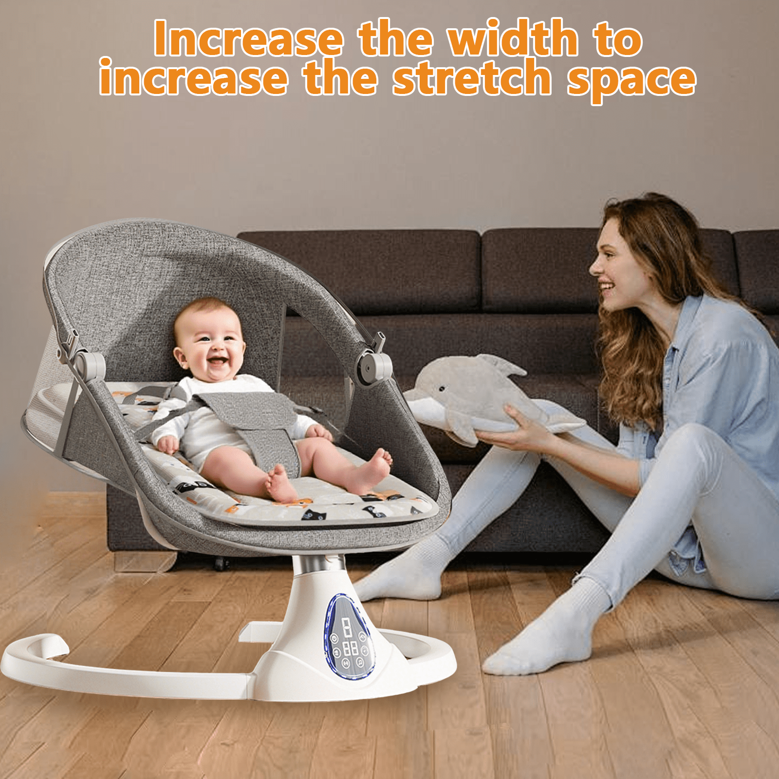 Smart baby swing, widened cabin baby swing chair, touch screen, 5-point safety belt, multi-position adjustment, anti-mosquito cover, load capacity 15kg, suitable for 0-24 months