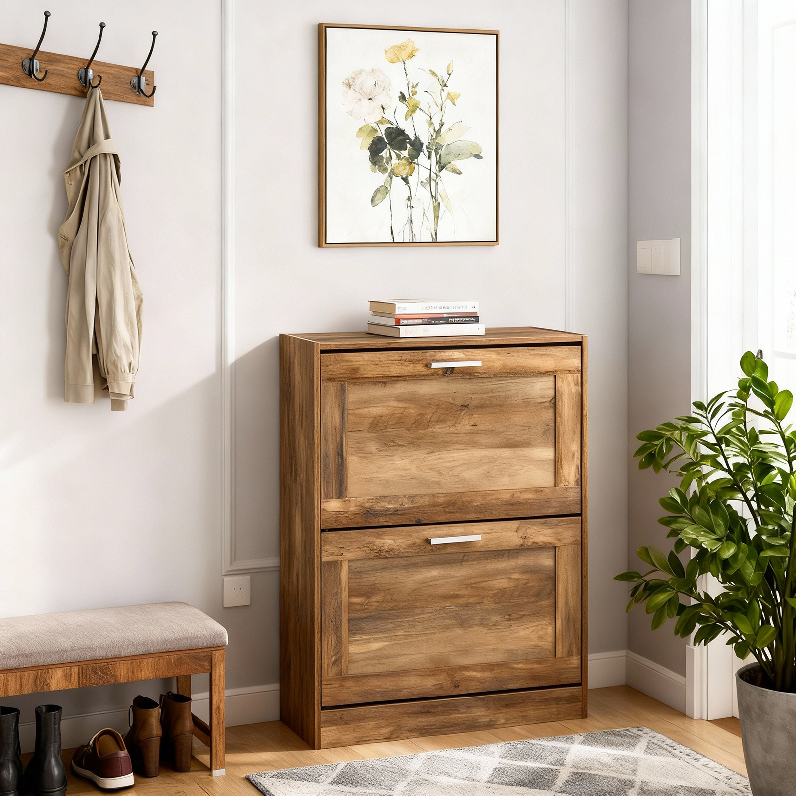 Image of Shoe Furniture Shoe Cabinet Entrance Storage Compact 2 Flaps Adjustable - 1pc Slim Shoe Cabinet For Hallway - Dark Wood 60x23x79cm - Gts248-g