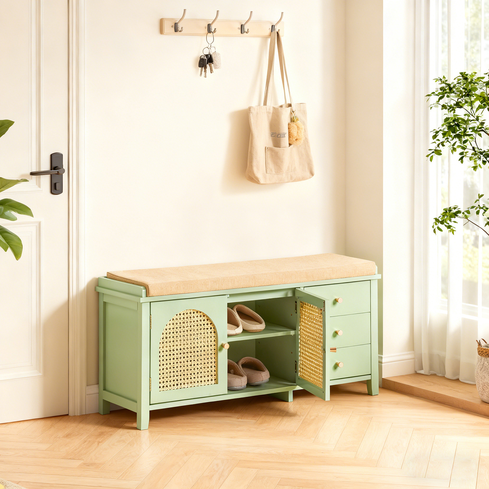 Image of 1-piece Shoe Cabinet Bench With 3 Drawers, Mesh Doors, And Padded Cushion, 150kg, Green, 100x34x46cm - Gts240-hs