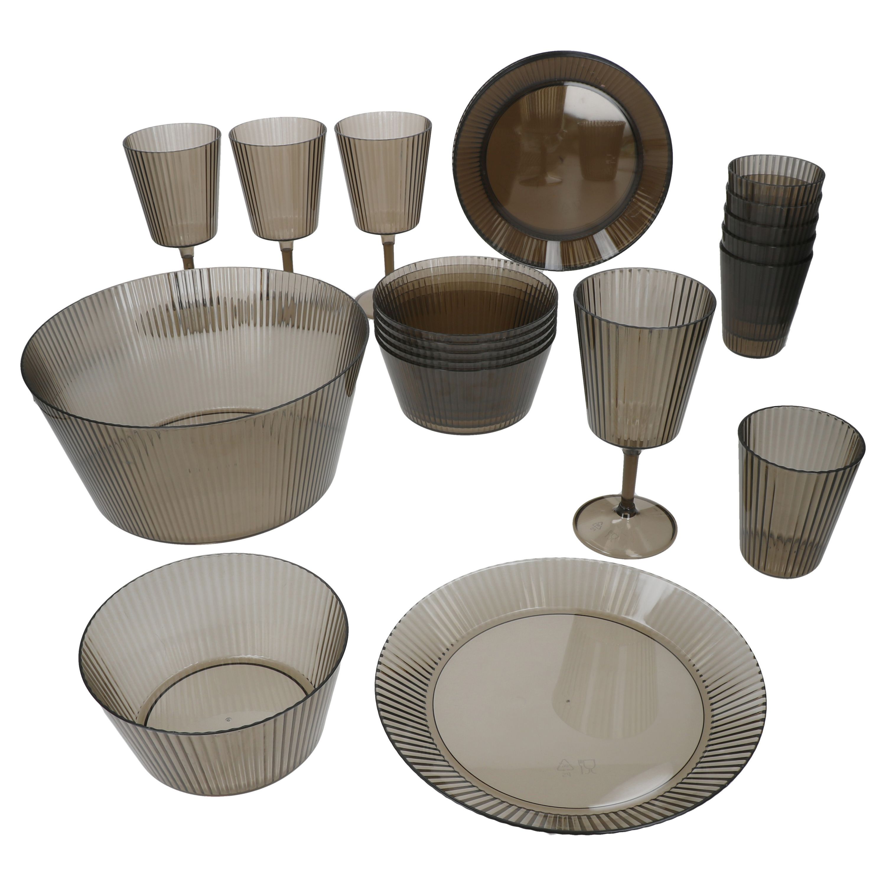 Image of 23-piece Combo Set Togo - 6 Plates, 1 Serving Bowl, 6 Small Bowls, 4 Wine & 6 Water Glasses In Gray Plastic - Includes 6x 10492, 1x 10487, 6x 10491, 4x 10489 & 6x 10490