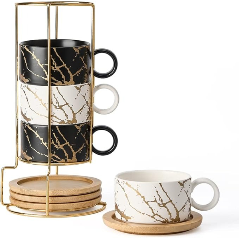 TEMU 180ml Ceramic Coffee Cup Set With Saucers, Spoons And Metal Stand, Set Of 4, Ceramic Cups Latte, Coffee, , Tea, Black And