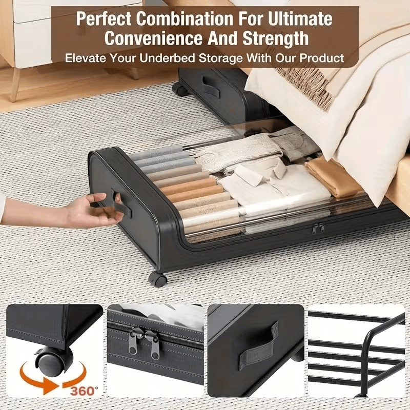2 Sets, Underbed Storage Box, Underbed Storage Box with Wheels Lid, 96L Metal Frame, Bed Box, Organiser, Storage Bag, Foldable Underbed Box for Clothes, Shoes, Blankets, Bedding, Black, Under-Bed Storage