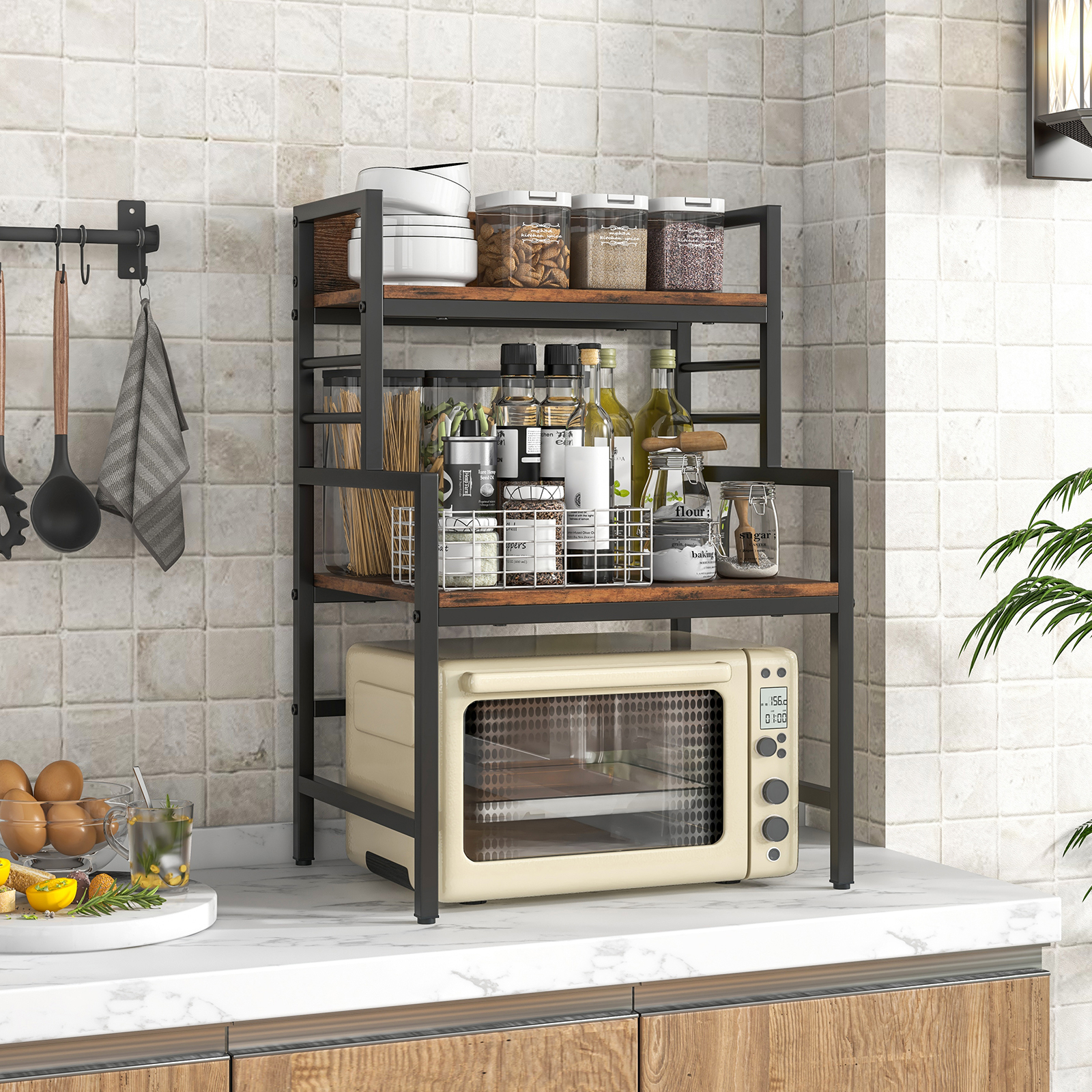 3-tier Microwave Stand, Kitchen Countertop Organizer With Storage Shelves, Microwave Shelf With Heavy-duty Metal Frame