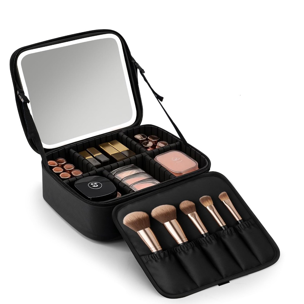 adjustable travel makeup organizer bag compact toiletry case with dividers for brushes jewelry cosmetic essentials