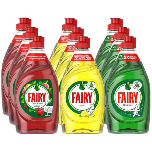fairy washing up liquid mixed pack of 9x 320 each lemon original pomegranate grapefruit household