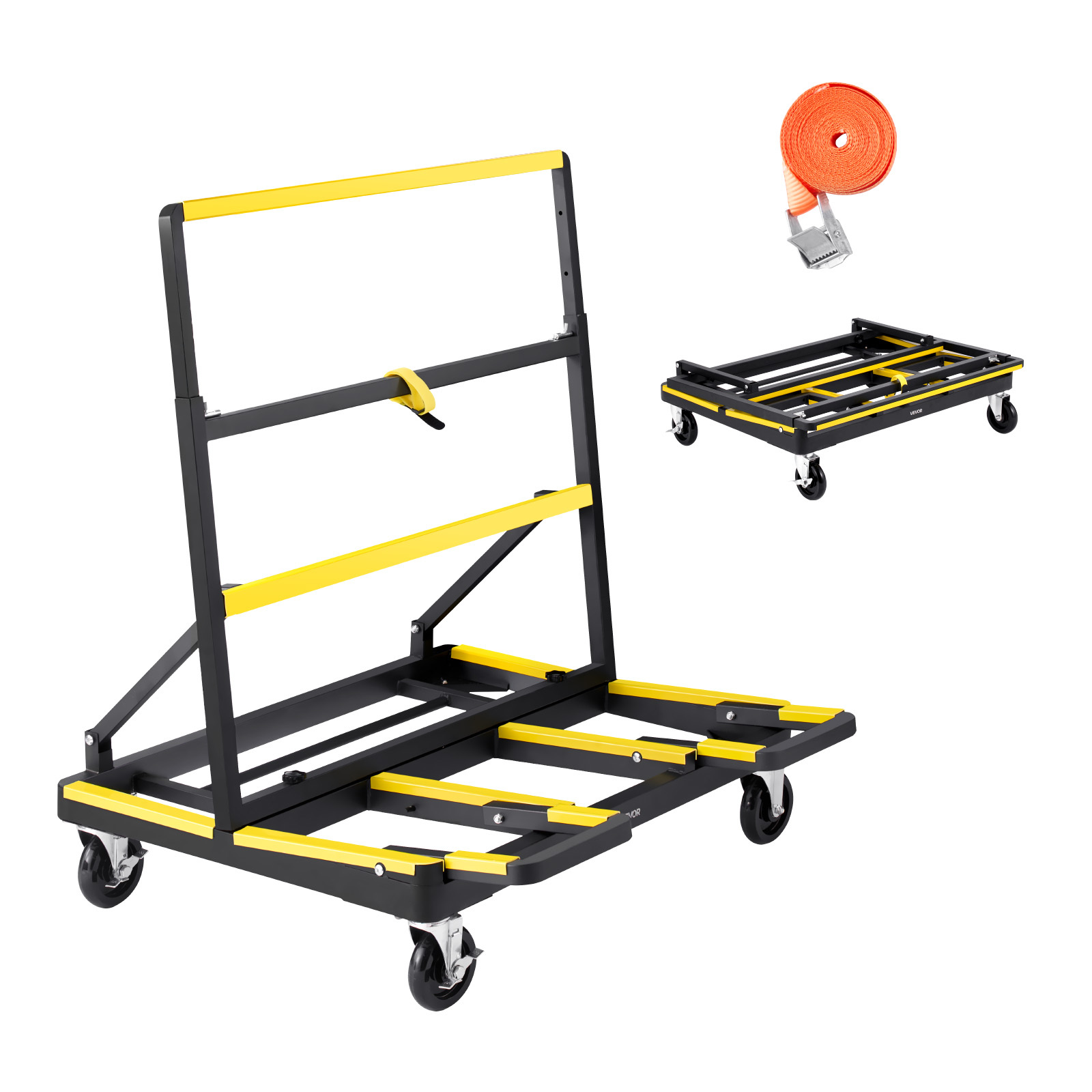 Image of Vevor Drywall Cart Dolly, 816 Kg Load Capacity, Steel Panel Dolly With 4 Swivel Casters & Expandable Deck, Foldable Panel Truck Cart With Strap For Handling Plywood, Plasterboard, Glass