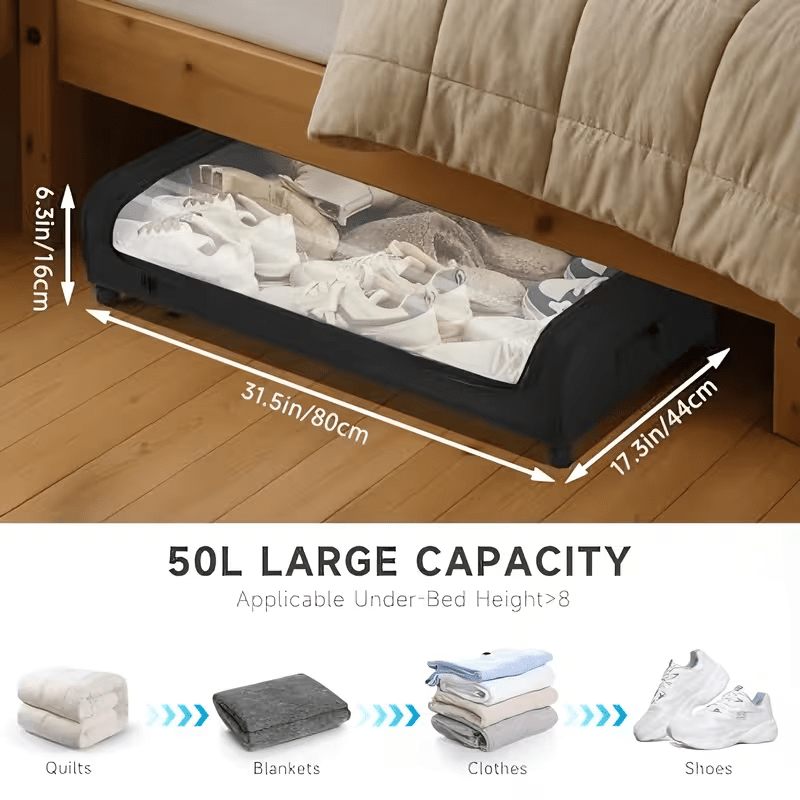 2 Sets, Underbed Storage Box, Underbed Storage Box with Wheels Lid, 96L Metal Frame, Bed Box, Organiser, Storage Bag, Foldable Underbed Box for Clothes, Shoes, Blankets, Bedding, Black, Under-Bed Storage