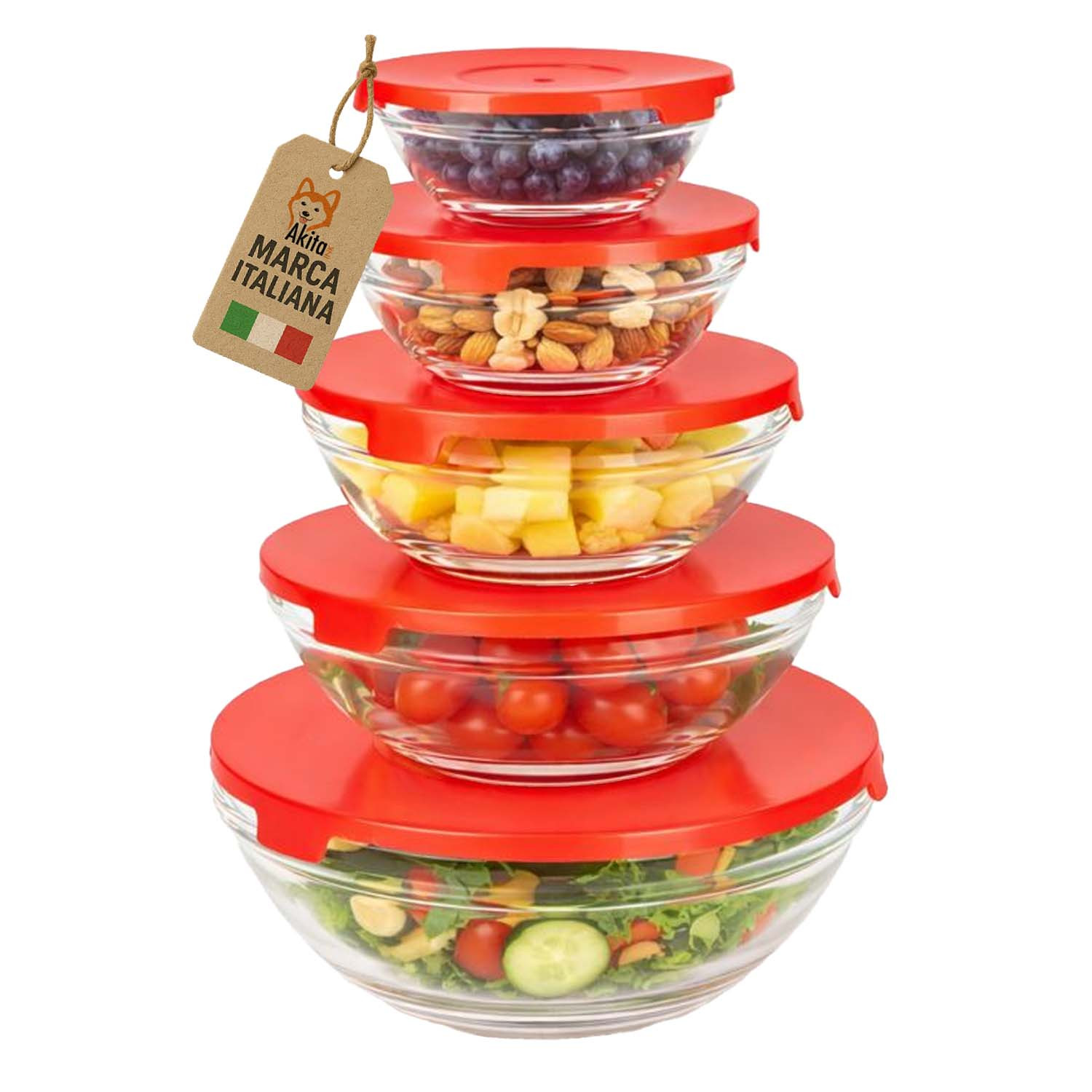 Akitaink Set Of 5 Glass Containers With Red Lids - Stackable Food Storage Bowls For Fridge And Freezer - Sizes