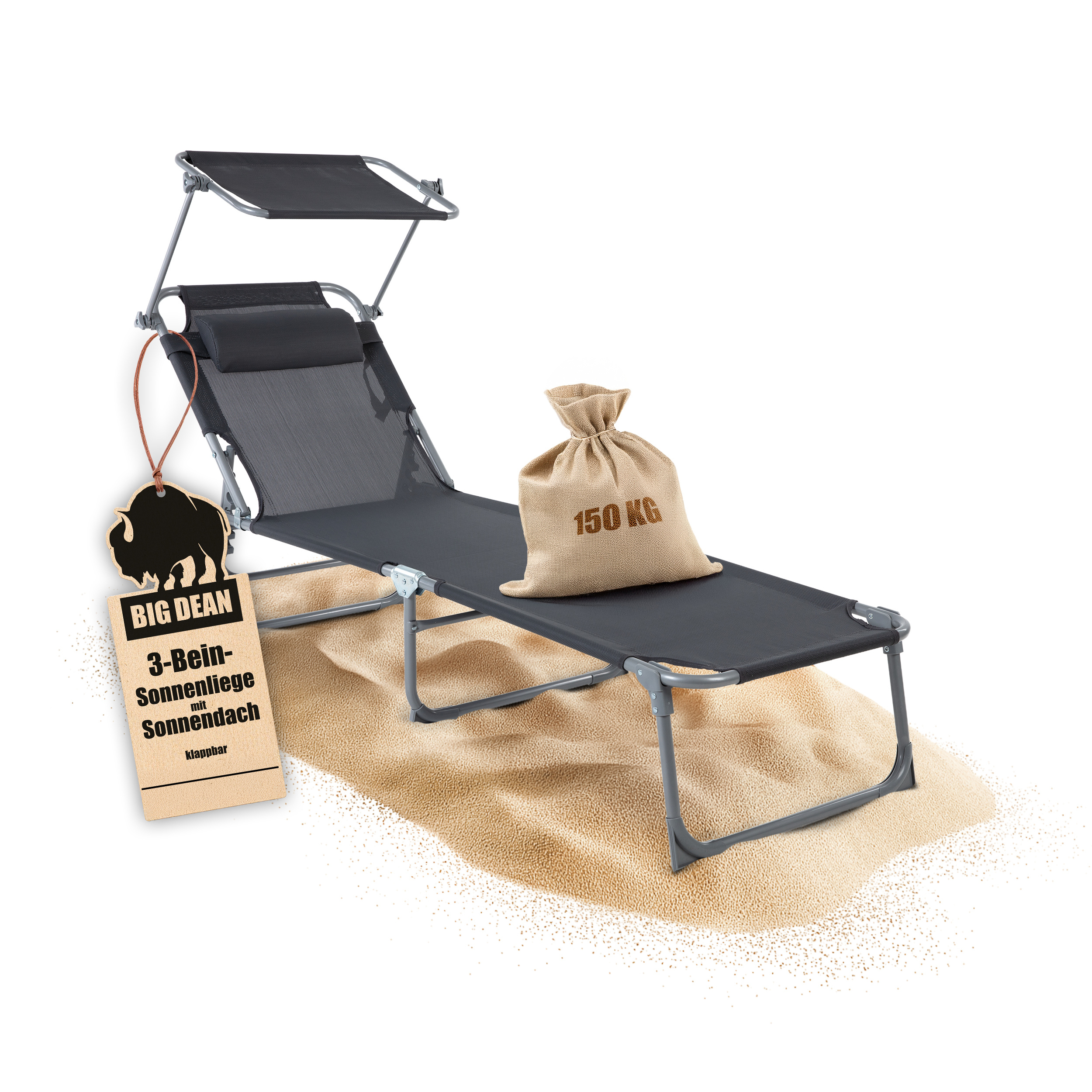 Bigdean Foldable Sun Lounger Pillow & Extra High Canopy, Dark Gray, 150 Kg Capacity - Lounger For Balcony, Garden & Beach