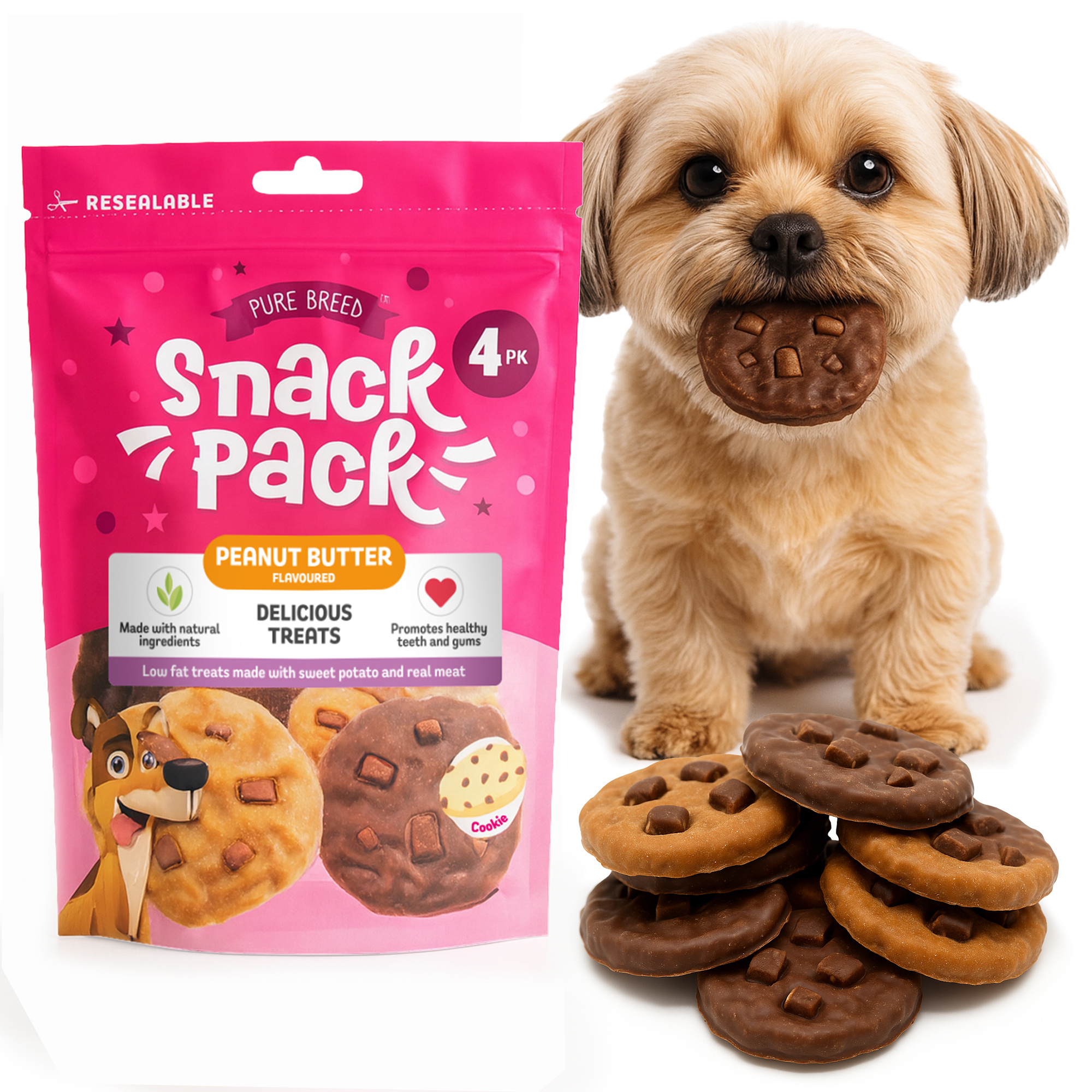 TEMU Pure Breed Dog Chews 4 Pack | Peanut Butter Treats | Grain-free Snacks | Natural Sweet Potato & Real Meat Chew | Training Reward For All Breeds