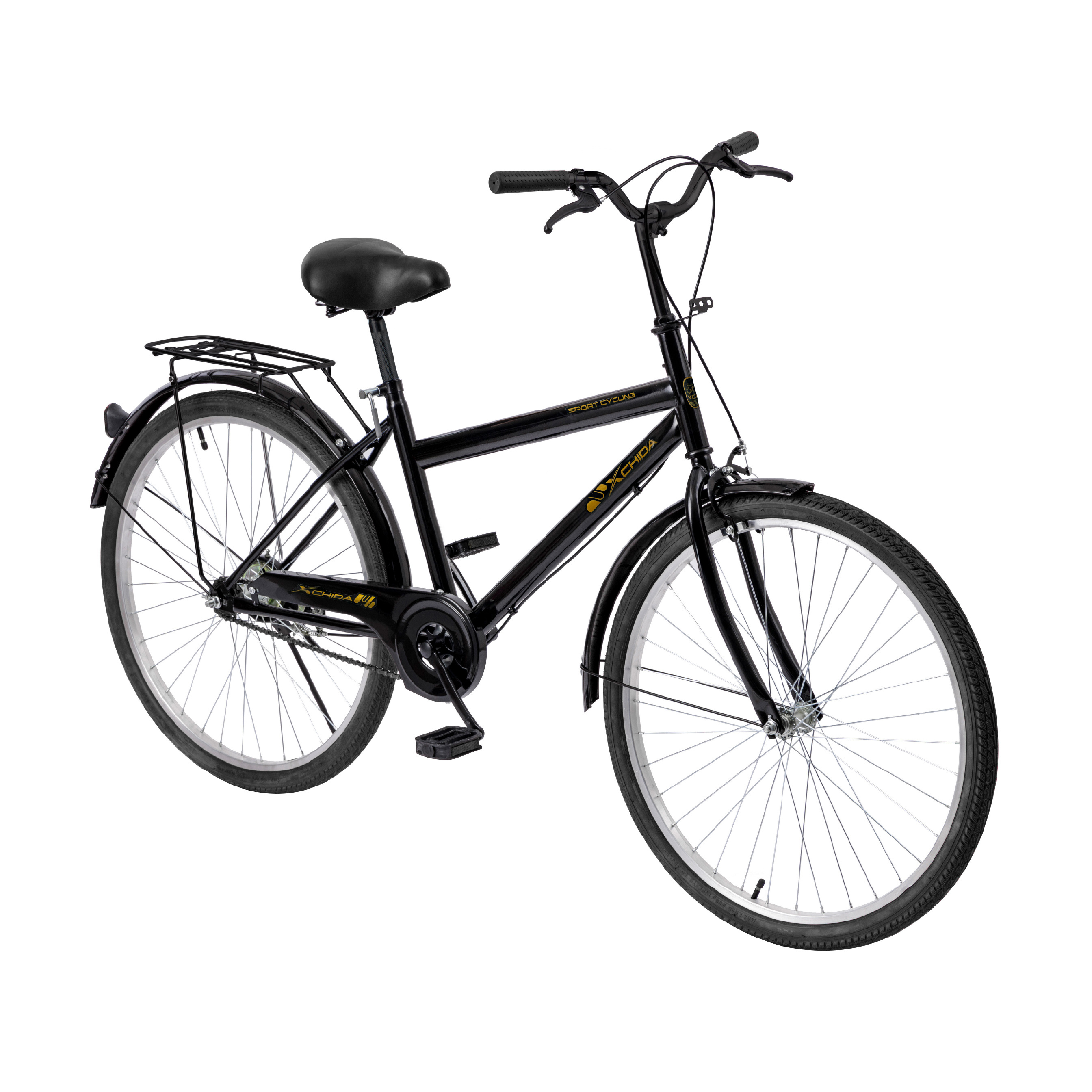 E-shop Elegantes für Damen und Herren, 26", komplett schwarz, mit Gepäckträger, Doppelbremsen und vollem Zubehör, 80 % montiertes schwarzes Fahrrad für