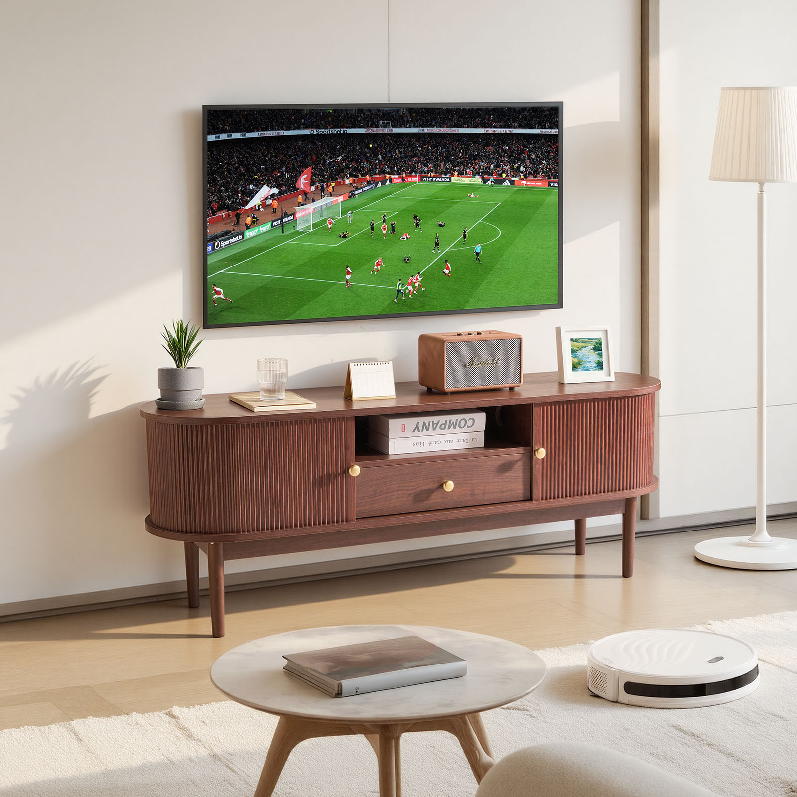 Image of Vevor Tv Stand, Mid Century Modern Entertainment Center For Tvs Up To 58 In, 350 Lbs Load Capacity, Console Table With Drawer, Open Storage Shelves & For Living Room, Bedroom