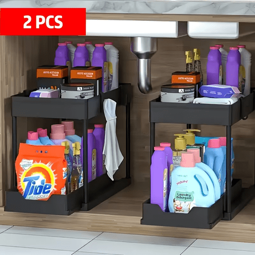 2 pack sliding cover sink storage layer sink storage rack cabinet drawer organizer with 16 hooks used for bathroom kitchen laundry room storage saving storage space under the sink tool
