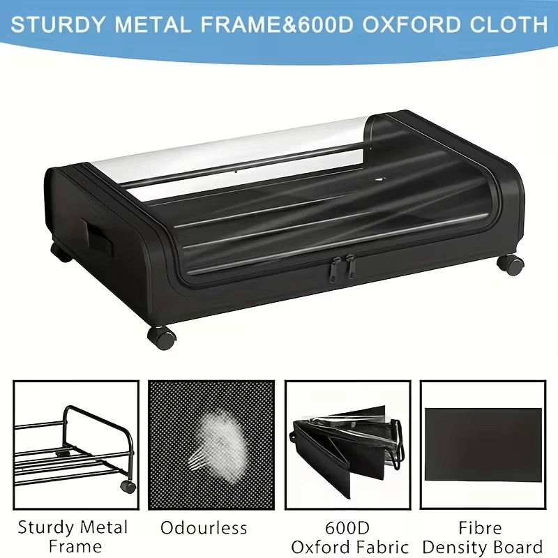 2 Sets, Underbed Storage Box, Underbed Storage Box with Wheels Lid, 96L Metal Frame, Bed Box, Organiser, Storage Bag, Foldable Underbed Box for Clothes, Shoes, Blankets, Bedding, Black, Under-Bed Storage