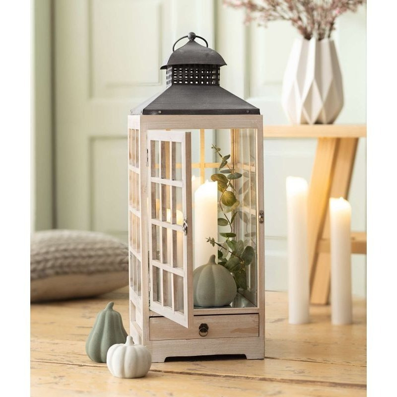 E-shop große Laterne "Landhaus" aus Holz, weiß, 63 cm hoch, mit Sprossenfenstern und Schublade, Bodenlaterne, , Kerzenlaterne, Holzlaterne