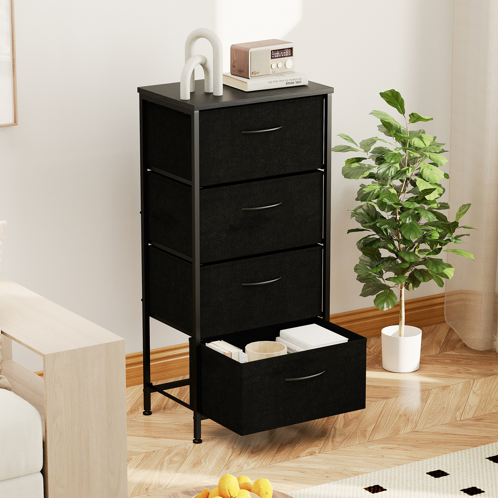 Image of Closet With 4 Drawers, Cloth Storage Tower With Wooden Top, Metal Handle And Frame, Closet With Drawers