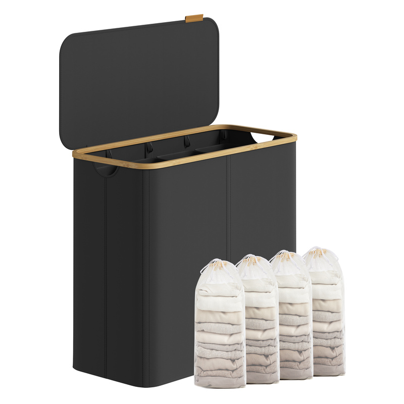 Image of Laundry Collector 4 Compartments, Foldable Laundry Container With Lid, Bamboo Handles, Oxford Fabric