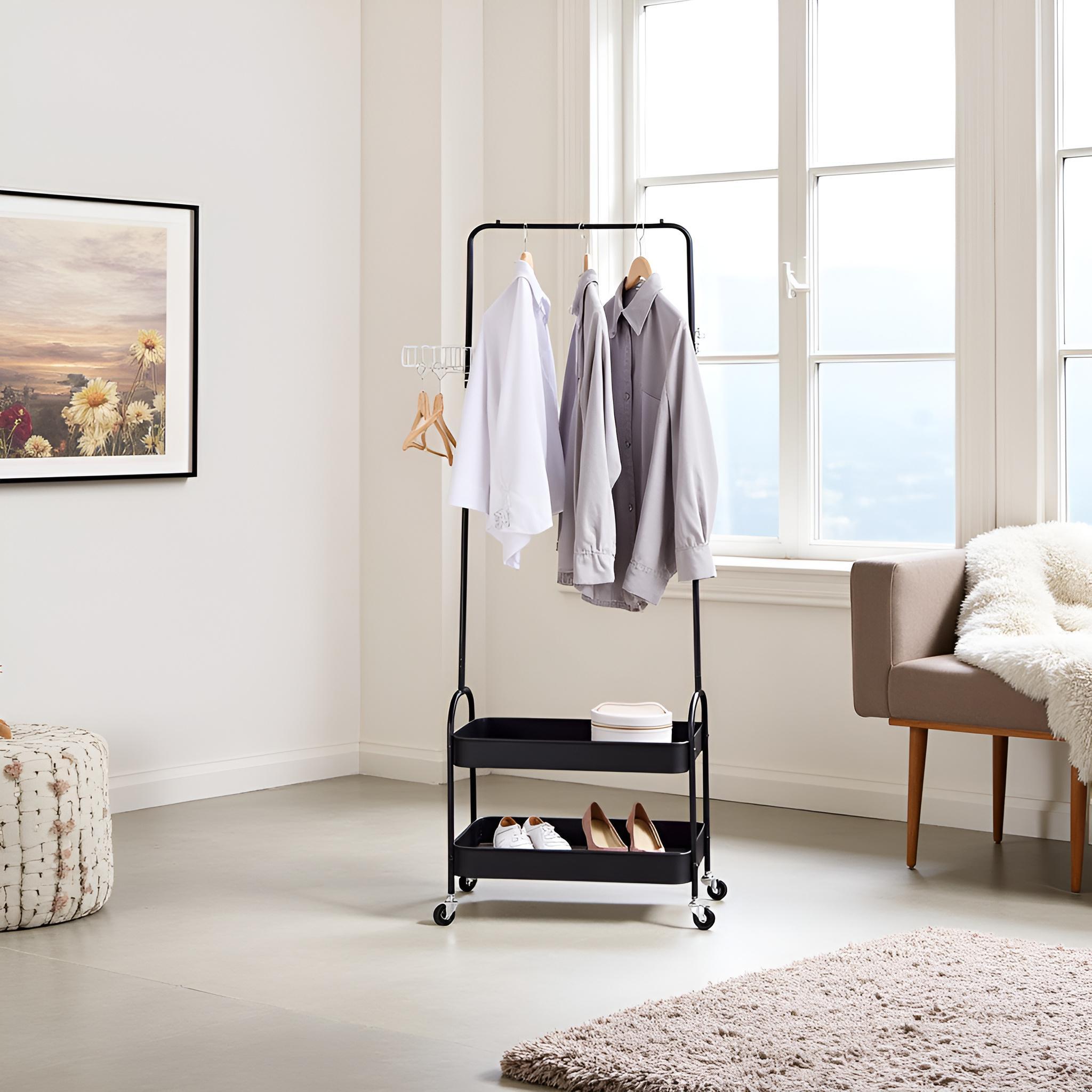 Clothing Racks With Wheels, 2 Storage Baskets, Metal Wardrobe With 360° Wheels, Black Clothing Holder For Bedroom Hallway Wardrobe, 153x56.7x31cm