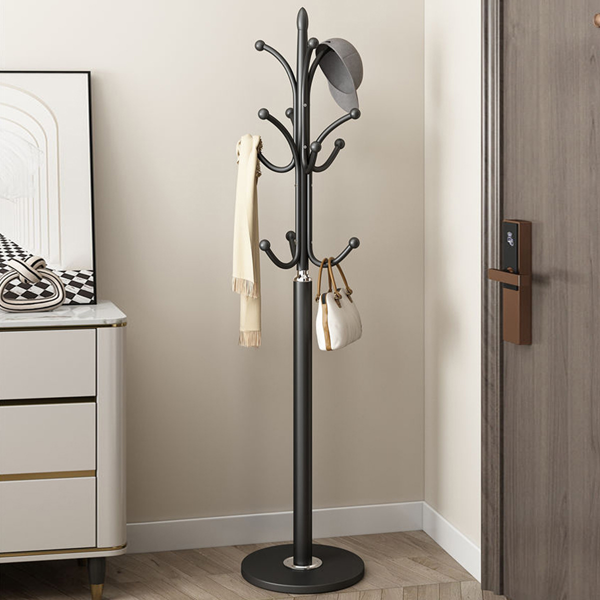 Marble-based Coat Rack, Floor-standing Bedroom Coat Rack, Household Standing Clothes Rack, Minimalist Storage Bag Rack (black And White)
