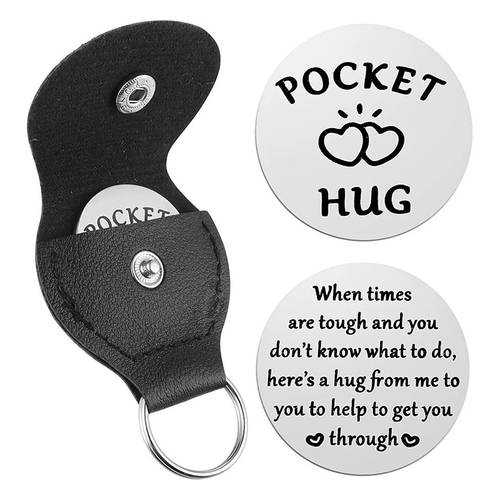 pocket hug emotional support token metal round stainless steel encouragement keyring with pu leather case gift inspirational message gift for men women comforting companion for simple stylish design daily encouragement accessory