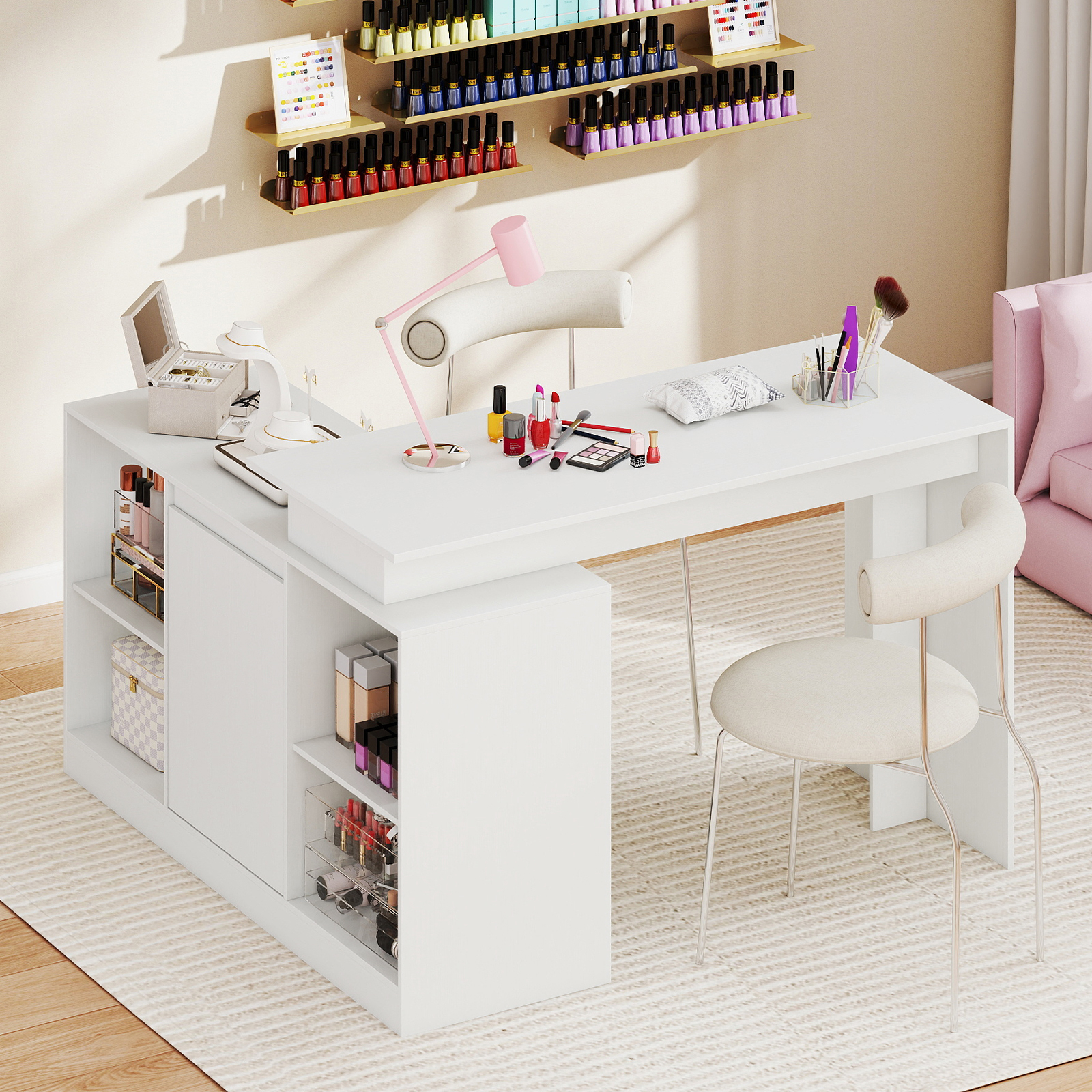 Image of L-shaped Computer Desk, 48" Reversible Corner Writing Desk With 2-way Cabinet & 4 Storage Compartments, Modern Laptop Workstation For Home Office, White