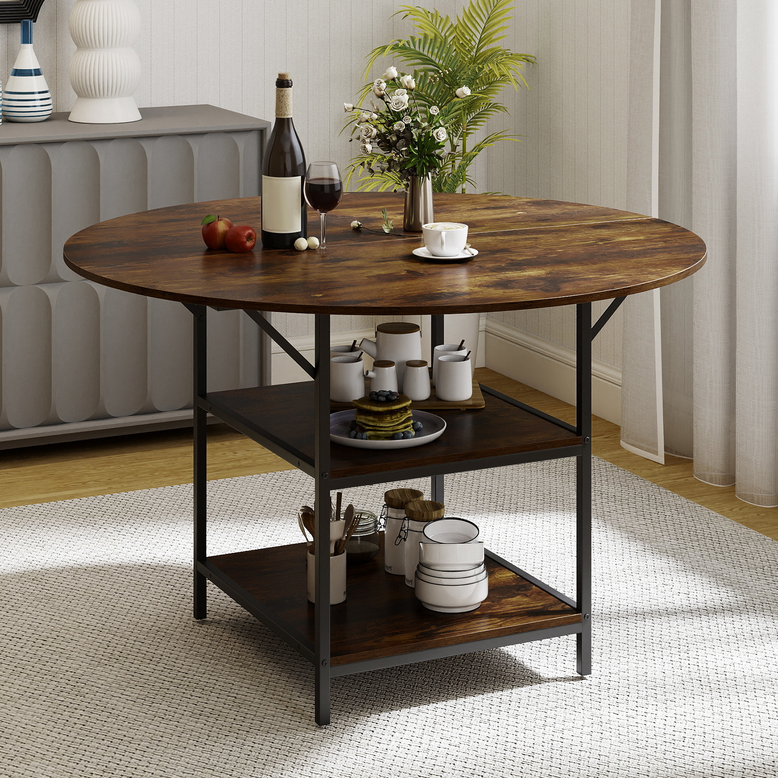 120 Cm/47" Round Dining Table For 4-6, Mid-century Modern Kitchen Table With 2-tier Storage Shelf & Heavy-duty Metal Frame