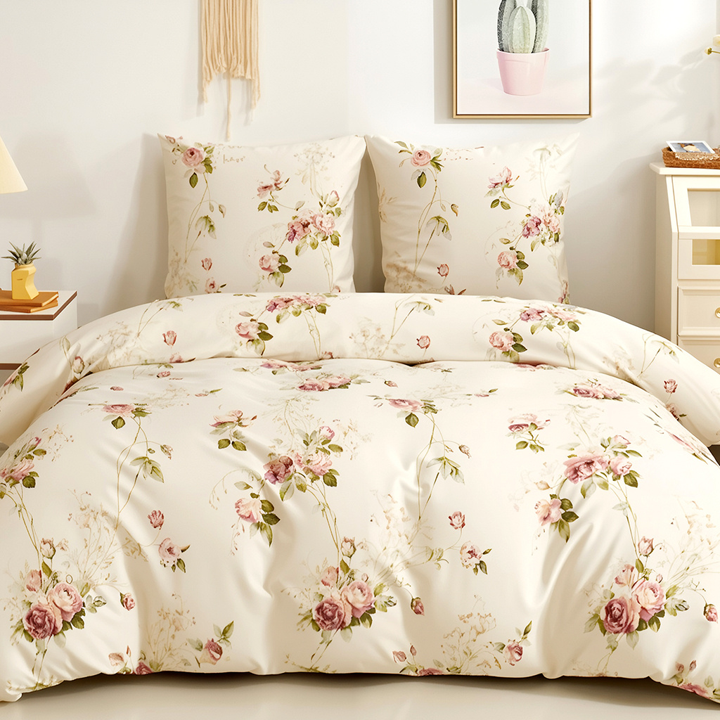 Image of Vintage Blush Floral 3pcs Bedding Set: -base Design With Romantic Rose & Vine - Cozy For Snug & Comfortable For Use