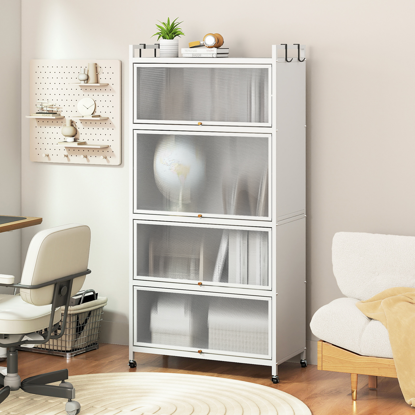 Kitchen Cabinet With Rollers, Kitchen Furniture Microwave Storage With Folding Doors, Replaceable Legs