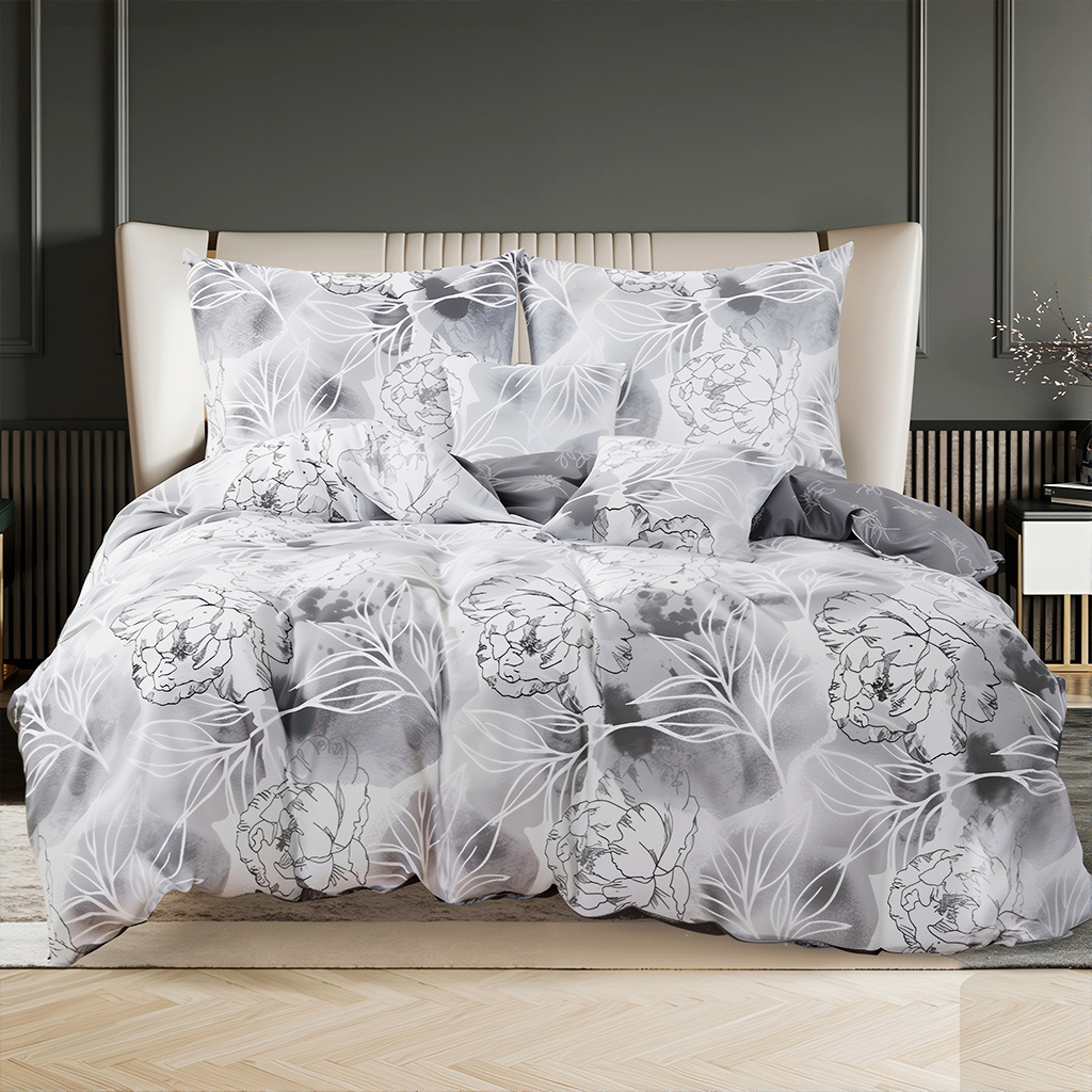 Image of For Contemporary Bedrooms: 3pcs Gray & White Artistic Floral Bedding Set - Breathable Fabric For Cool Summer & Cozy Winter, Featuring Watercolor-style Floral