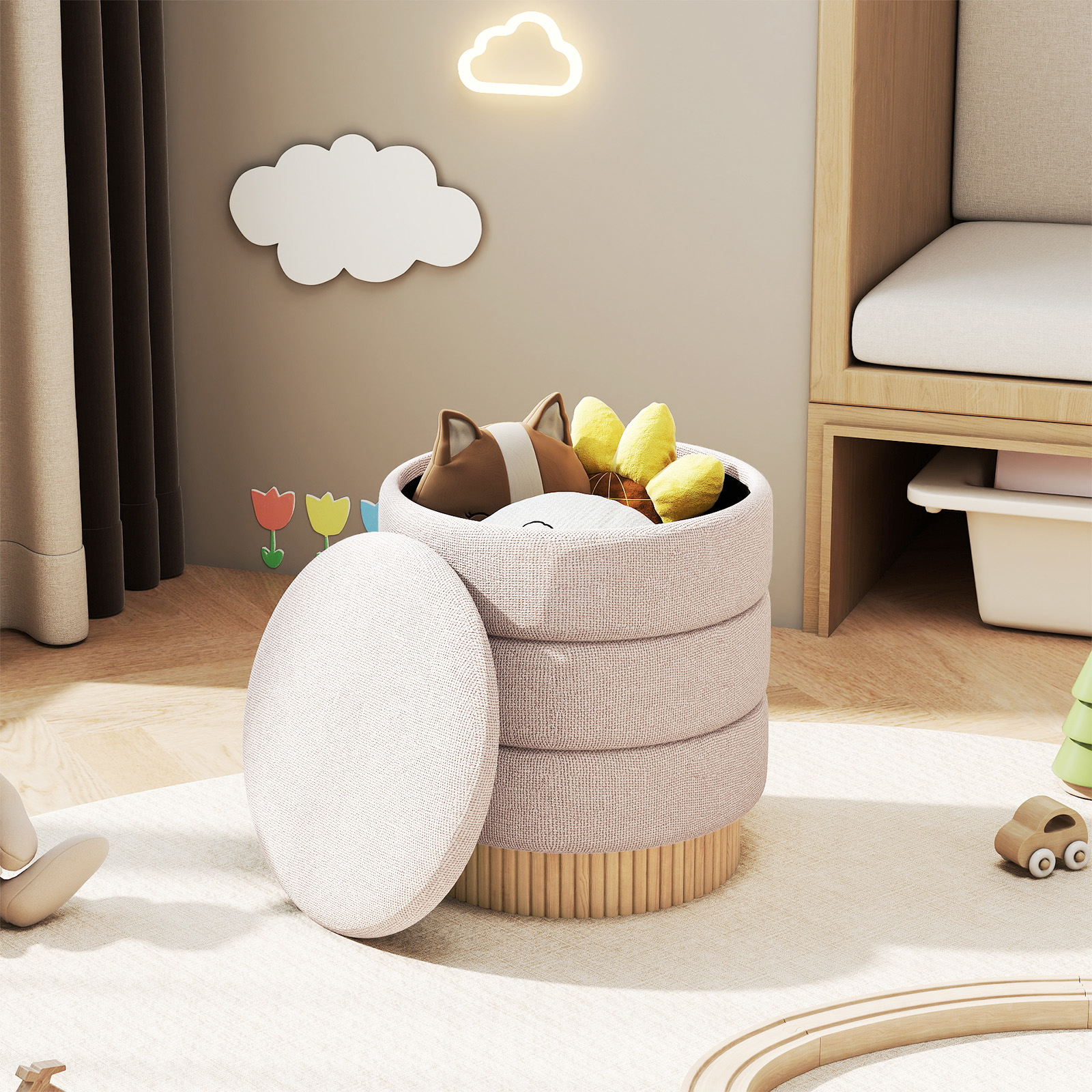 Image of Modern Round Chenille Storage Pouch With Removable Lid And Pine Wood Base, Comfortable Seat, Footrest, Appointment Table