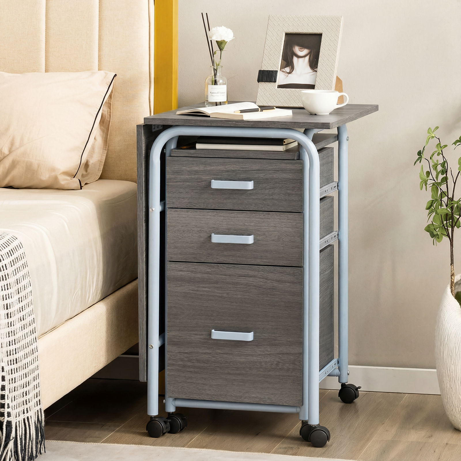Folding Computer Desk With 3 Drawers And Wheels, Desk With Metal Frame, Space Office Desk