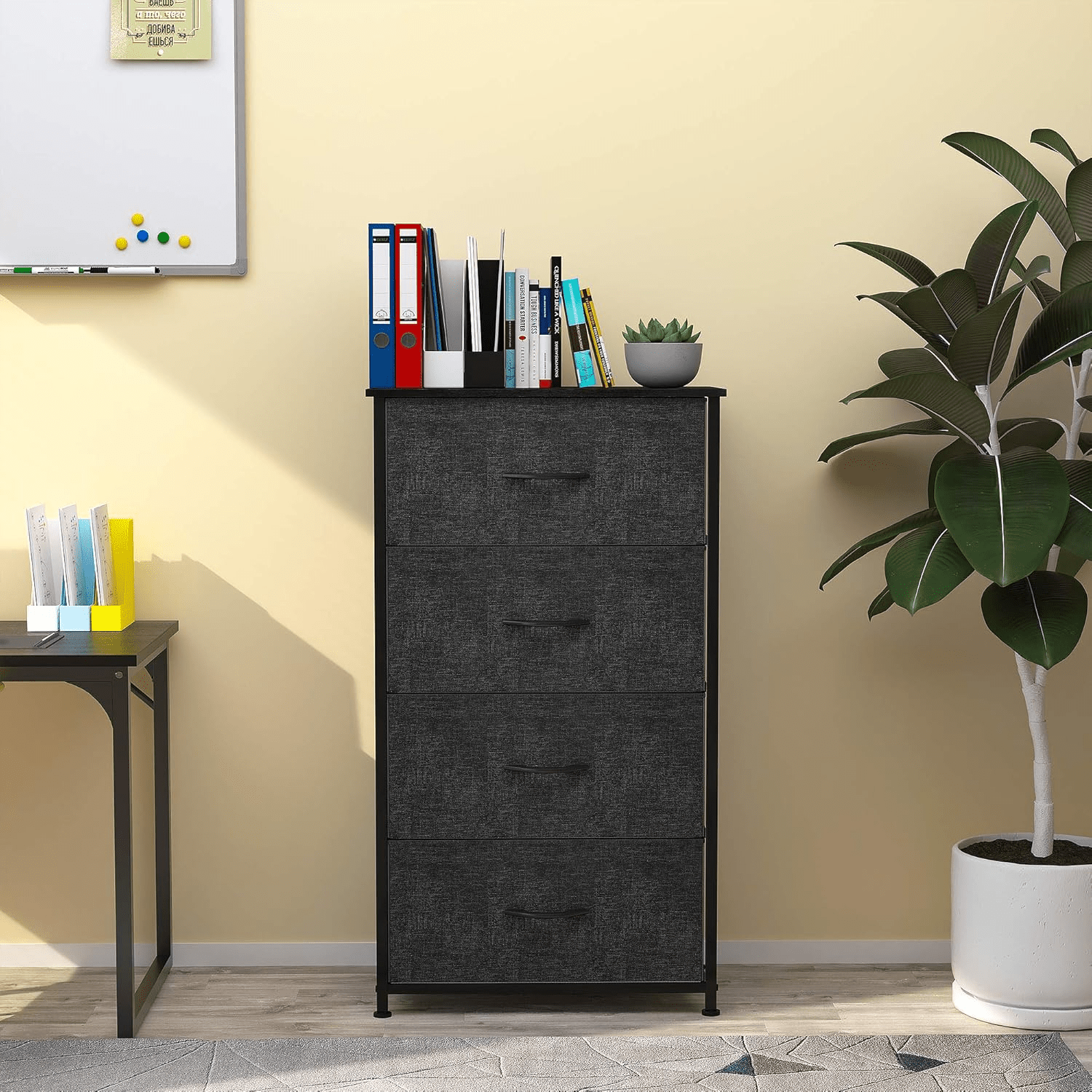 Image of Narrow Chest Of Drawers With 4 Drawers Made Of Fabric, Storage Chest Of Drawers Industrial Style For Bedroom, Living Room, Hallway, Black Storage Cabinet