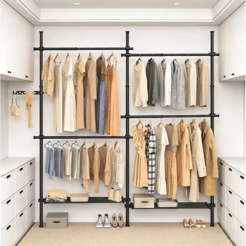Image of Telescopic Wardrobe, 33.5 X (162-238) X (208-310) Cm, With 4 Rods & Grab Arm, 3-level Height Adjustable, 2 Removable Shelves, Space- Closet Replacement For Renters