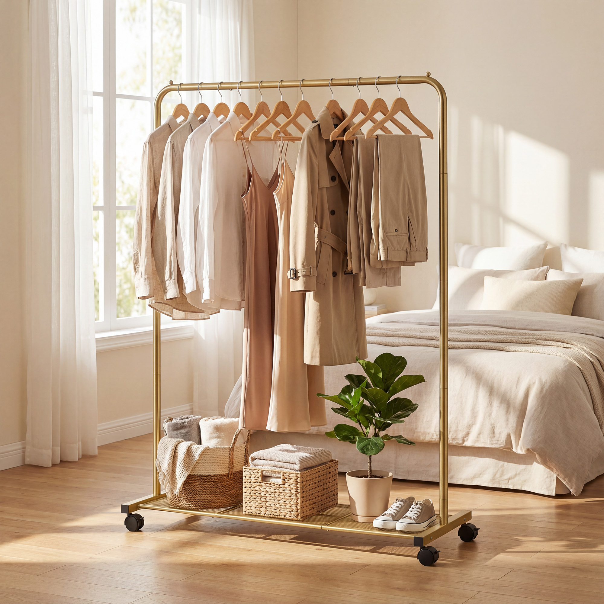 Image of Metal Rolling Coat Stand (91cm) With 2 Brake Wheels & Shelf - Sturdy Clothes To 40kg, Space- Coat Stand For Hallway/office