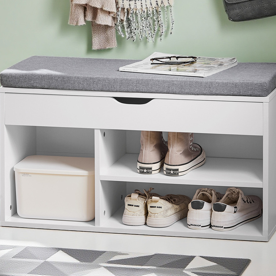 Shoe Bench With Seating Area - Bench With Storage, 120 Kg Load Capacity, 3 Compartments For Hallway, Entrance Area And Living Room, Removable Cushion, 80x46x30 Cm, White, Fsr45-hg
