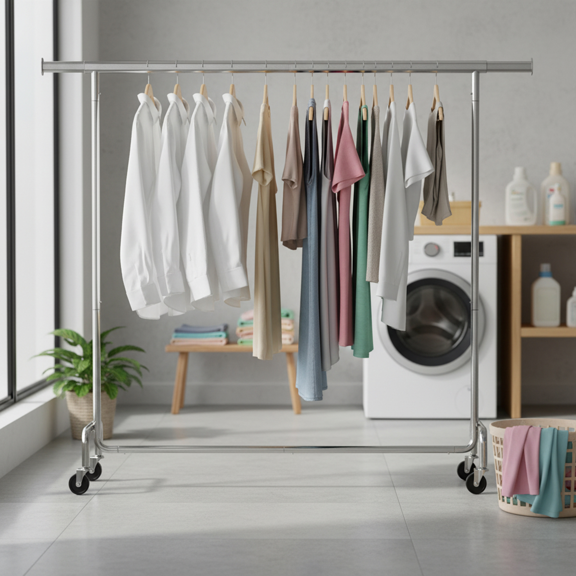 Rolling Garment Rack, Heavy-duty Clothes Stand, Extendable Clothes Rail, Supports Up To 110 Kg, 45 X (160-200) X 162.9 Cm, Metal, Chrome-plated, Silver/matte Black