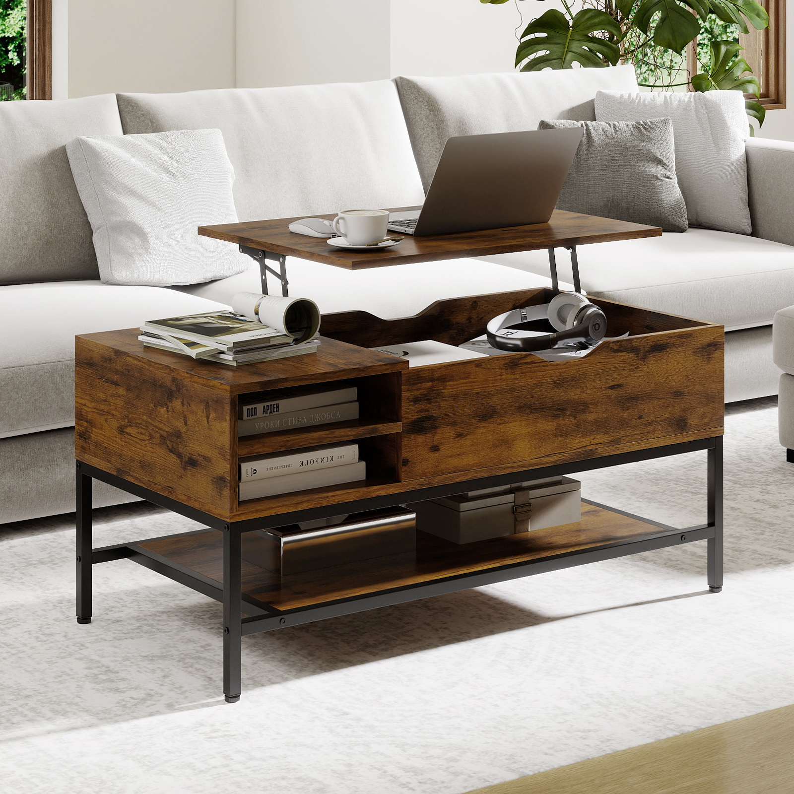 Image of Lift Top Coffee Table With Hidden Compartment, Wooden Living Room Table With Storage Shelf, Lifting Dining Center Table For Small Space Home Office