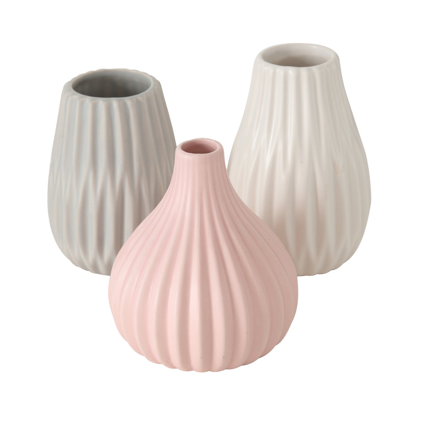 E-shop 3er Set Keramik Vasen – dekorative Steingut Vasen in Rosa, Grau und Weiß, ca. hoch, verschiedene Formen und Größen, rundes einfarbiges Design,
