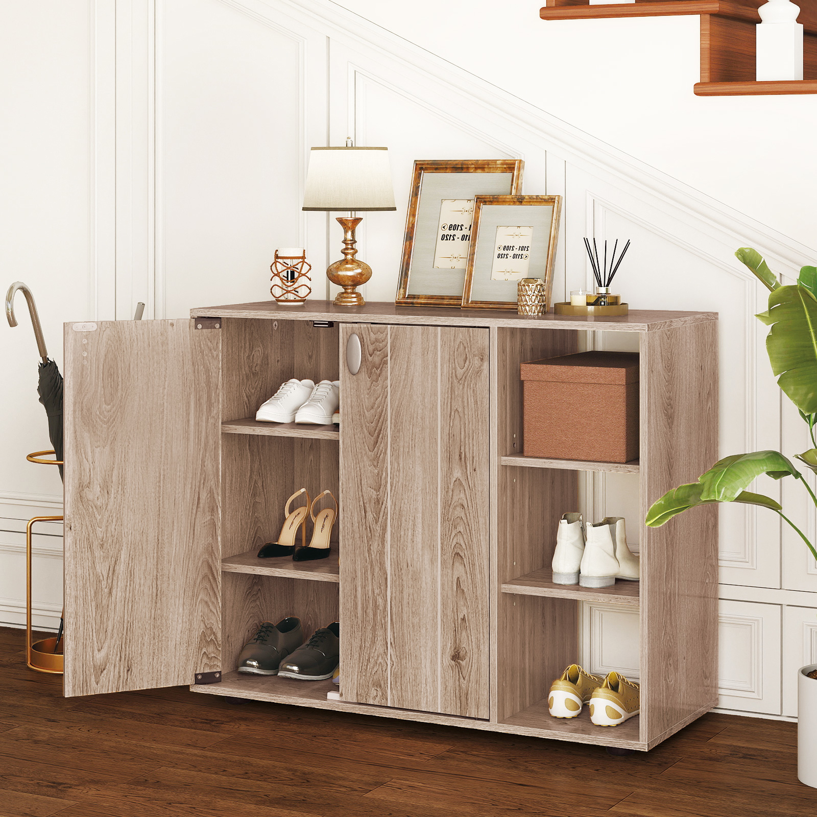 Image of Shoe Cabinet With Doors, 3-tier Shoe Storage Rack W/ Adjustable Open Shelves, Modern Freestanding Wooden Organizer For Entryway, Hallway, Living Room, Closet